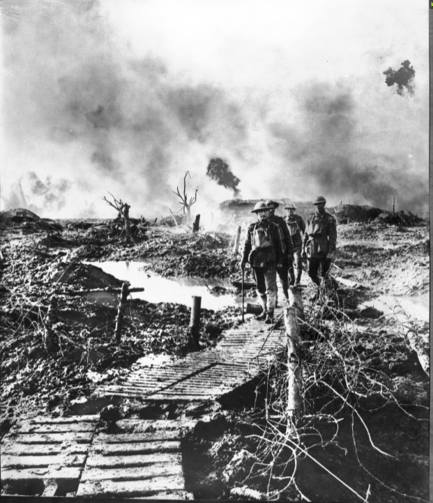 Frank Hurley, Australian troops walking over duckboards ... Oct 1917