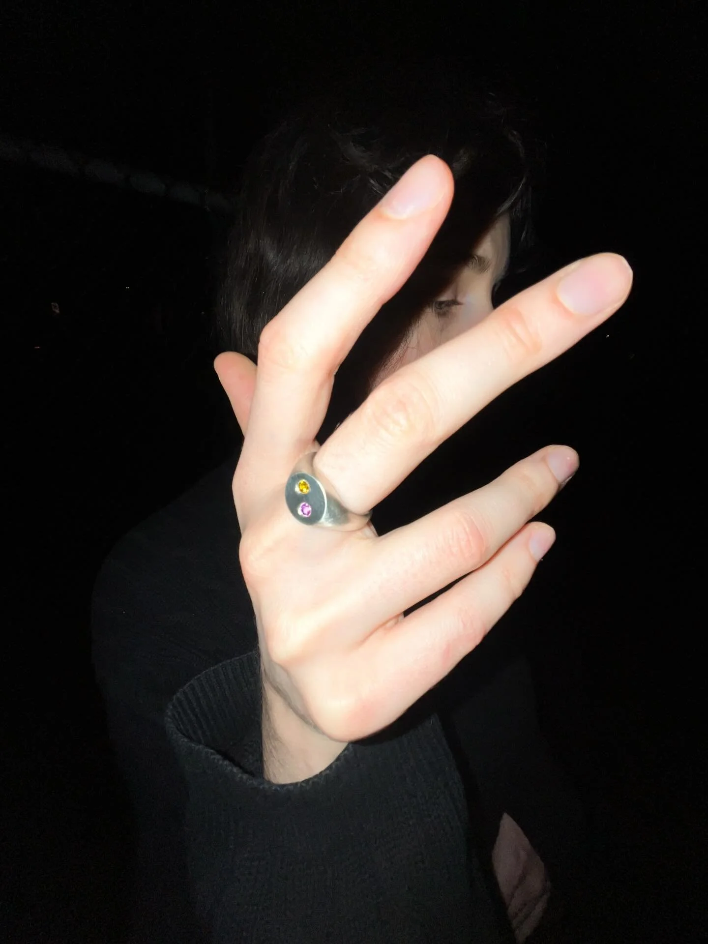 Mara Signet, a brushed silver signet with a rounded face. Set with two 3mm sapphires. 
Made to order