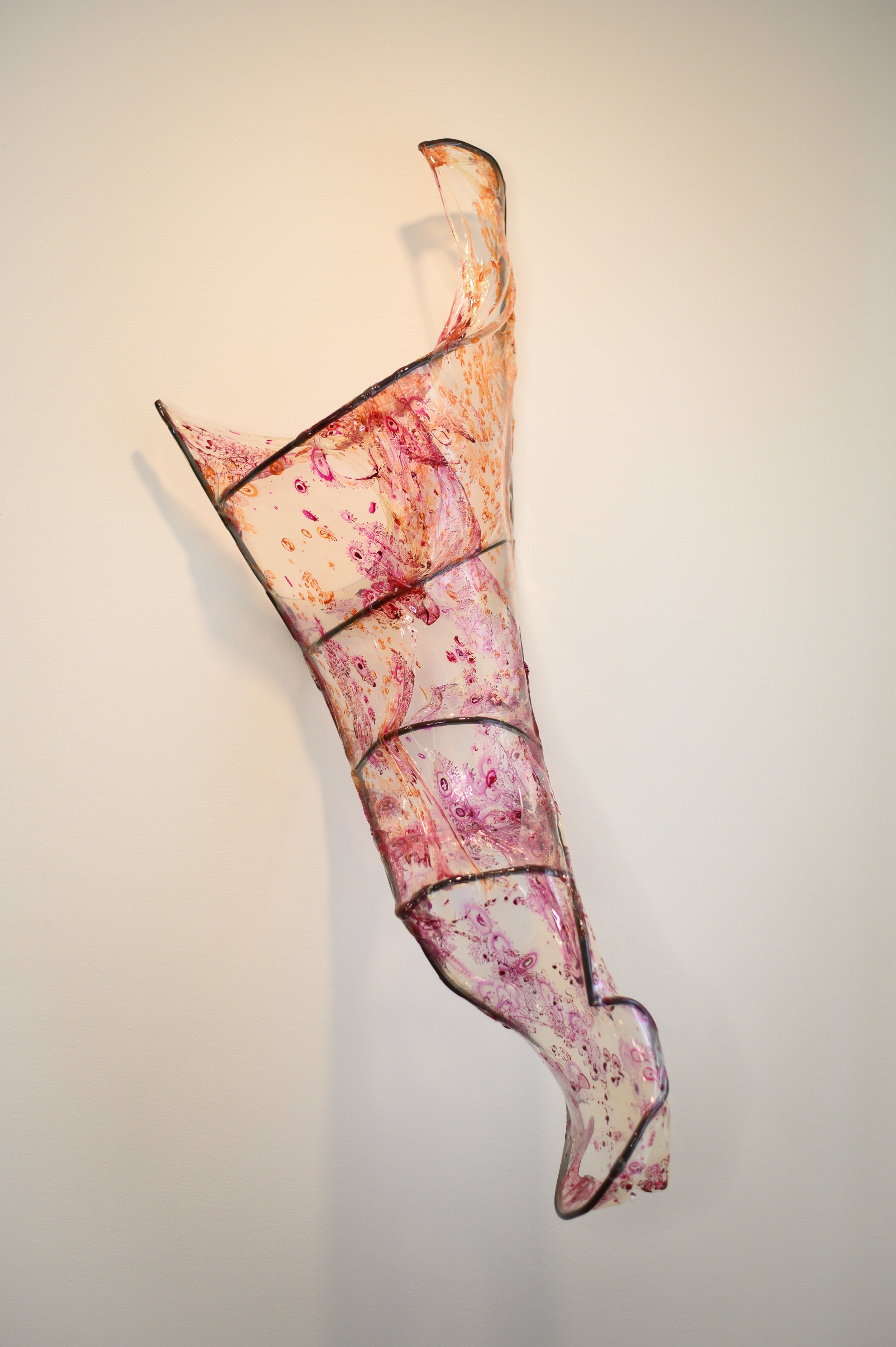 glue experiment 2; 

glue, acrylic ink, fabric dye, and welded steel;
 
39 x 16 x 9; 

2025
