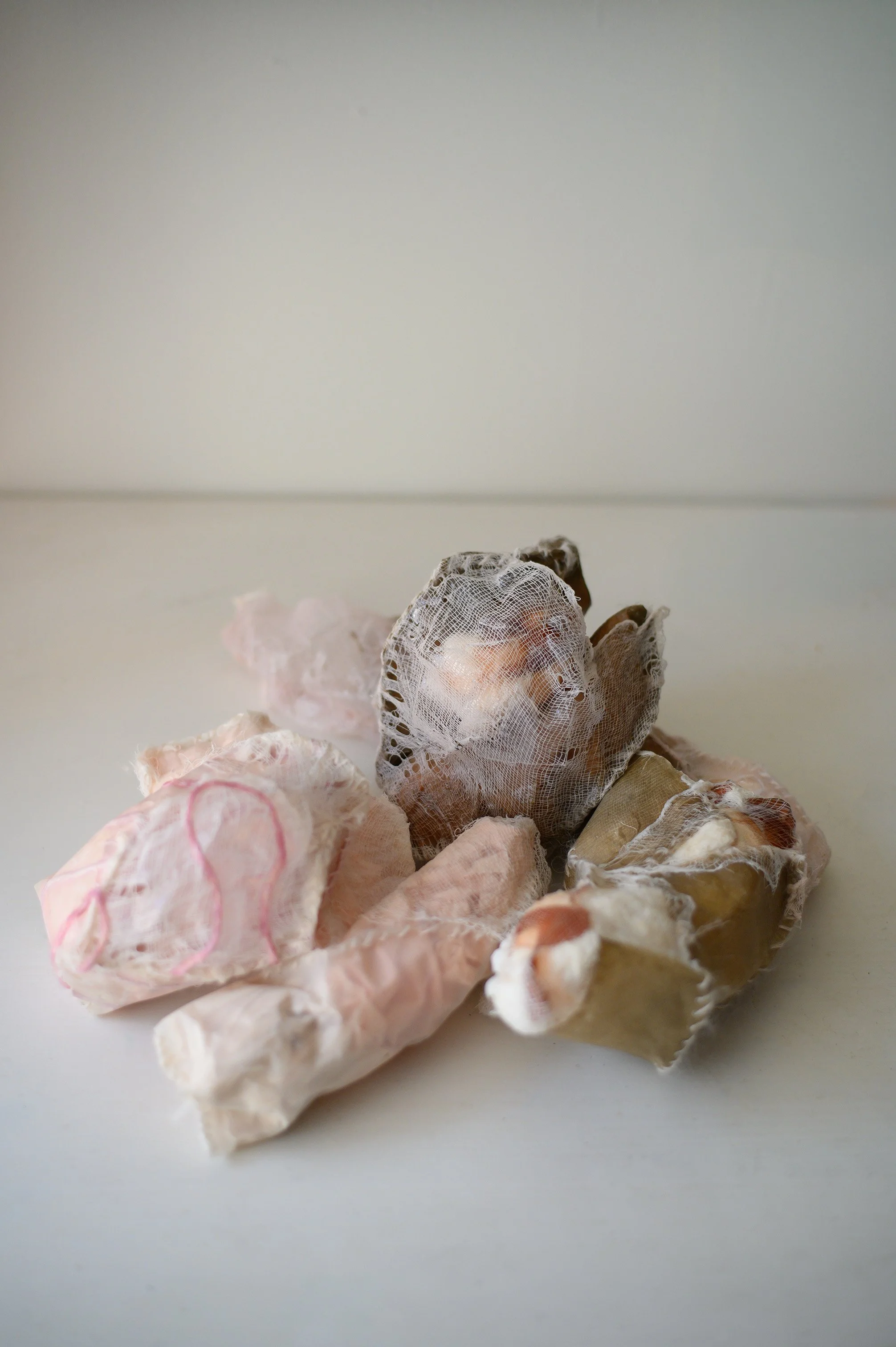 experimental paper organs 1-4;

flax, abaca, latex, cotton waste, bed sheets, mohair, cheese cloth, cotton yarn, and gac 400;

various dimensions (small);

2026
