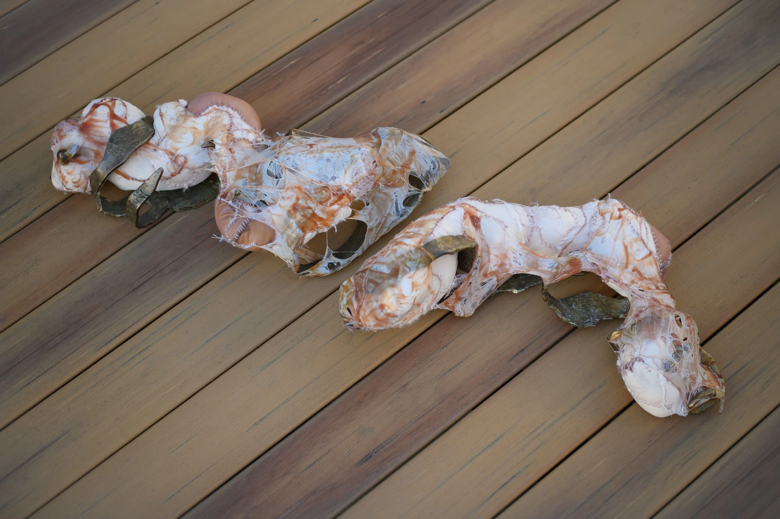 my intestines, as displayed;

patinated cast bronze, avocado-dyed cotton, cotton waste, latex, cheese cloth, and mohair;

48 x 13 x 7;

in process, 2026
