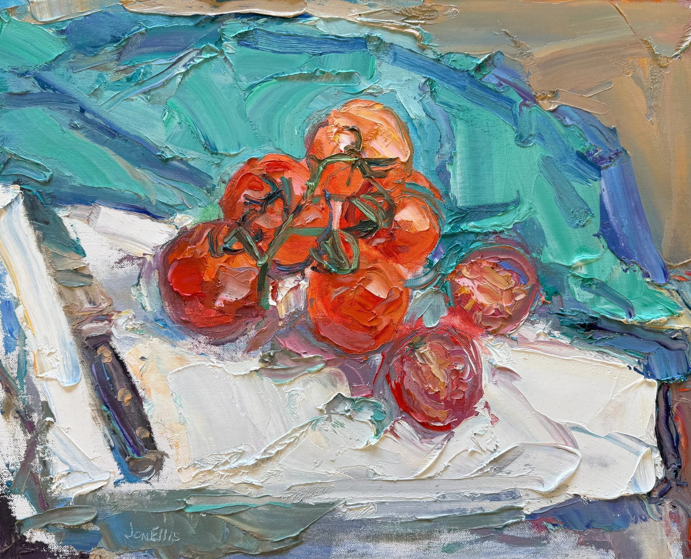 Close-up of a painting with thick, textured strokes of tomatoes on a chopping board with knife and a blue towel. 