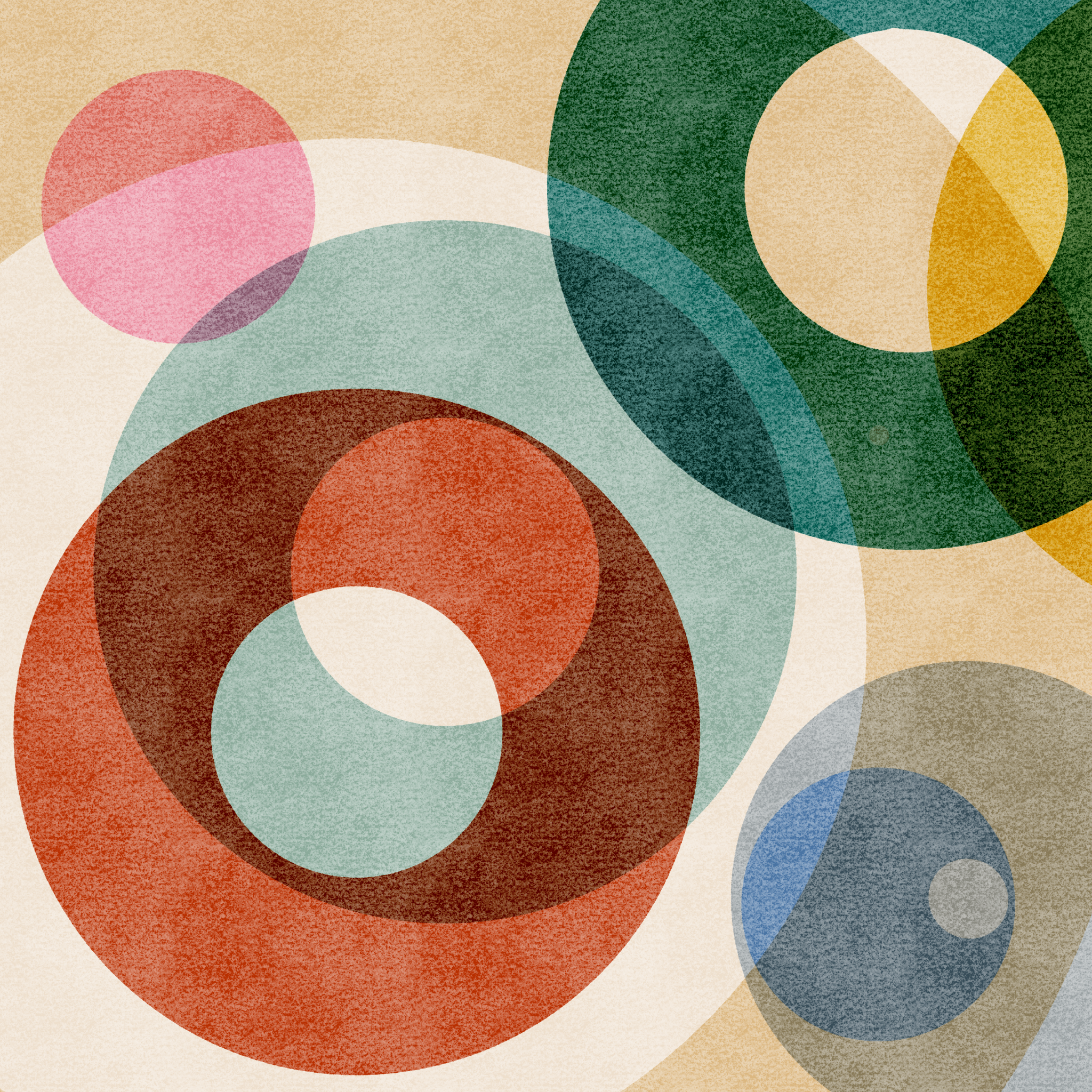 Abstract artwork featuring overlapping circles in various colors including red, green, blue, yellow, pink, and beige.