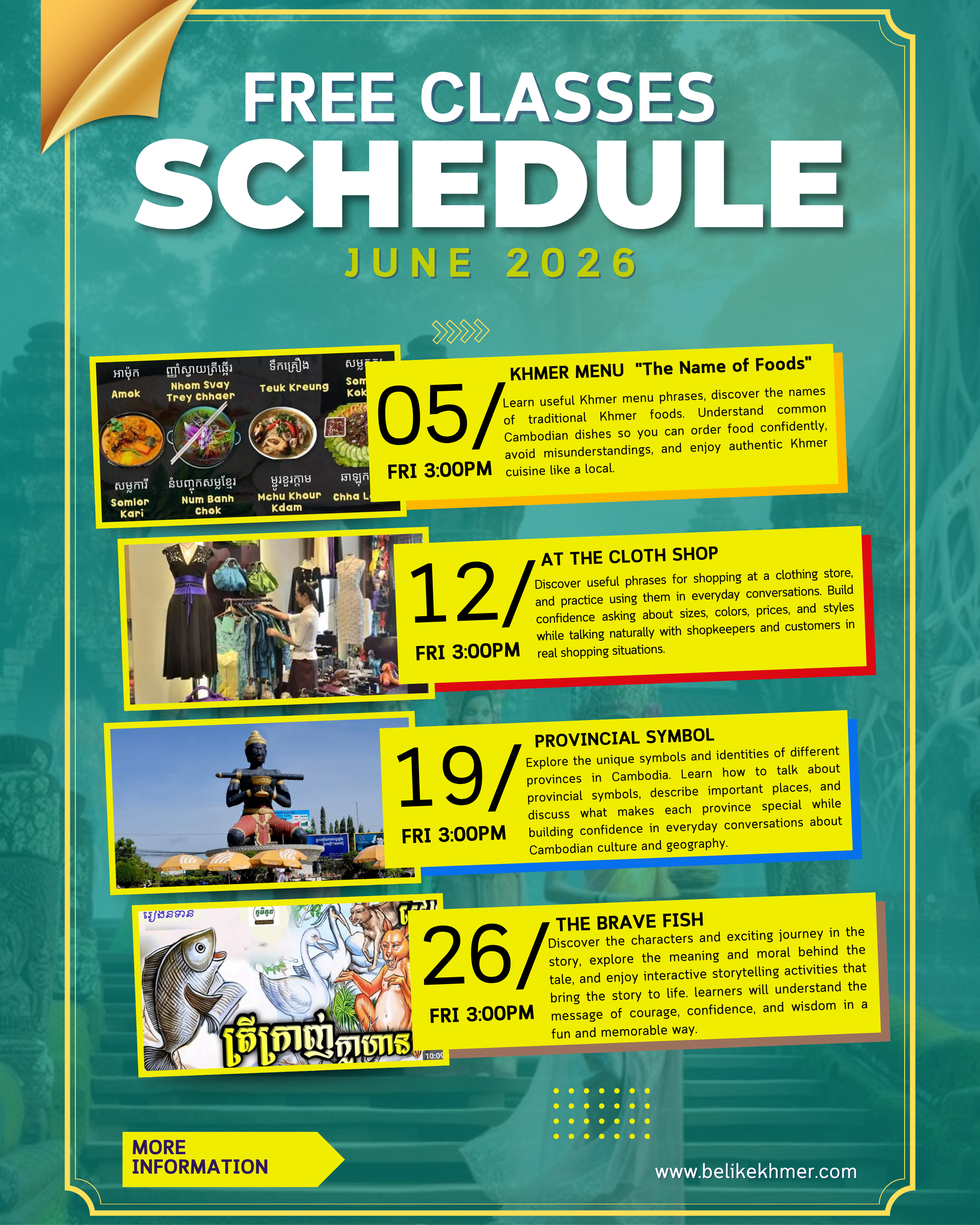 A promotional poster for a series of free educational classes in June 2026, including topics such as Khmer cuisine, clothing, provincial symbols, and the brave fish story. The poster features colorful images, dates, times, and descriptions of each class with a website link at the bottom.