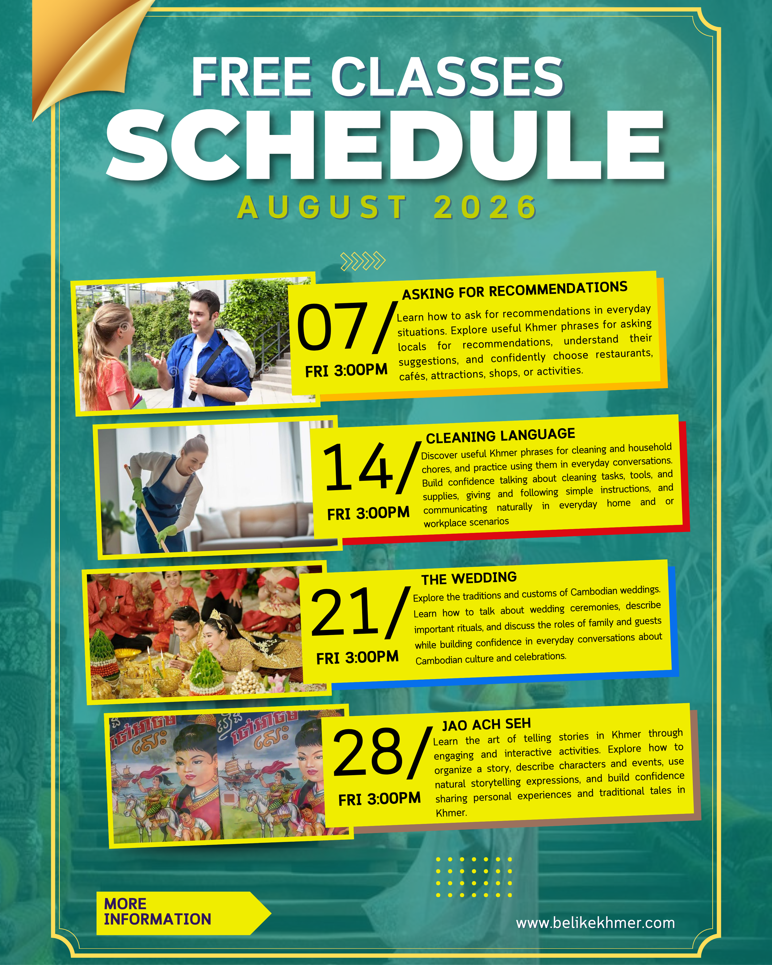 Schedule poster for free classes in August 2026 with dates, times, and descriptions, including Khmer language learning and Cambodian wedding traditions, featuring images of people engaging in activities and traditional celebrations.