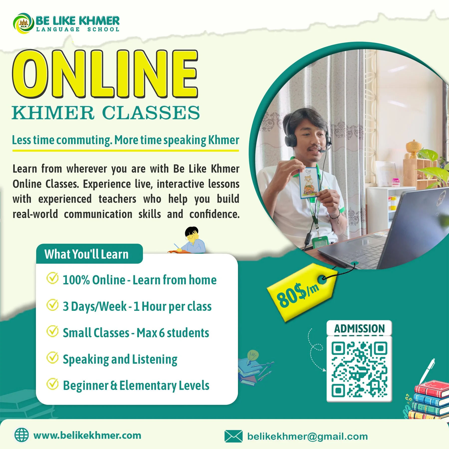 Advertisement for Be Like Khmer online Khmer language classes featuring a young man wearing a headset and holding a flashcard, with a laptop and a colorful bookshelf in the background.