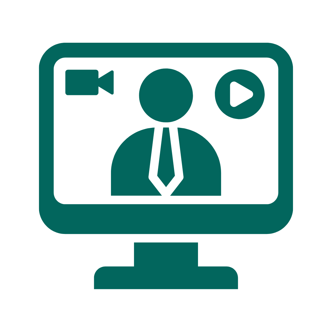 Icon of a computer monitor displaying a person in a suit, with video recording, video playback, and camera icons.