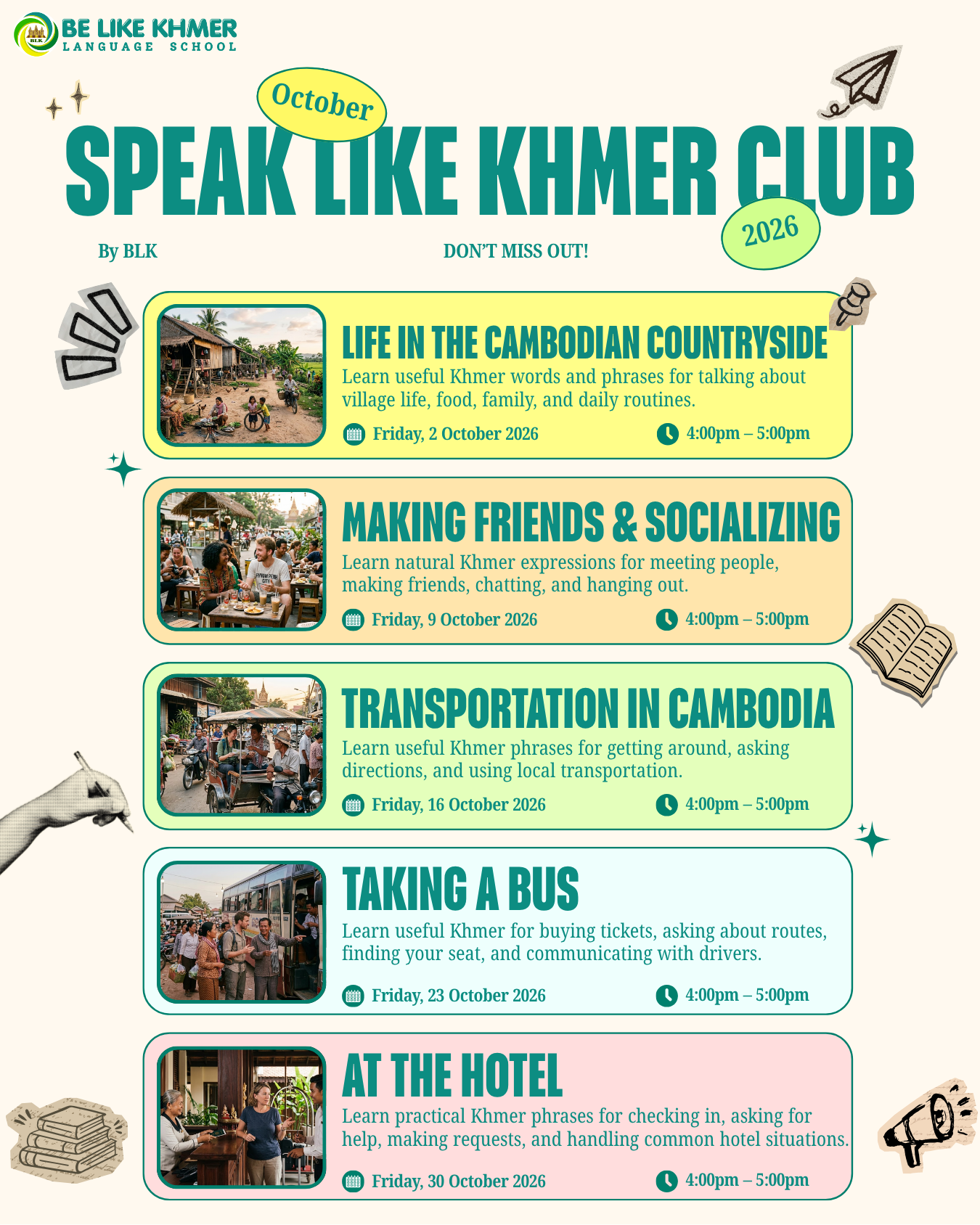 Poster for a Khmer language school event series in October 2026, featuring learning activities about Cambodian countryside life, socializing, transportation, hotel interactions, and more, with photos of village scenes, social gatherings, transportation, and hotel settings.