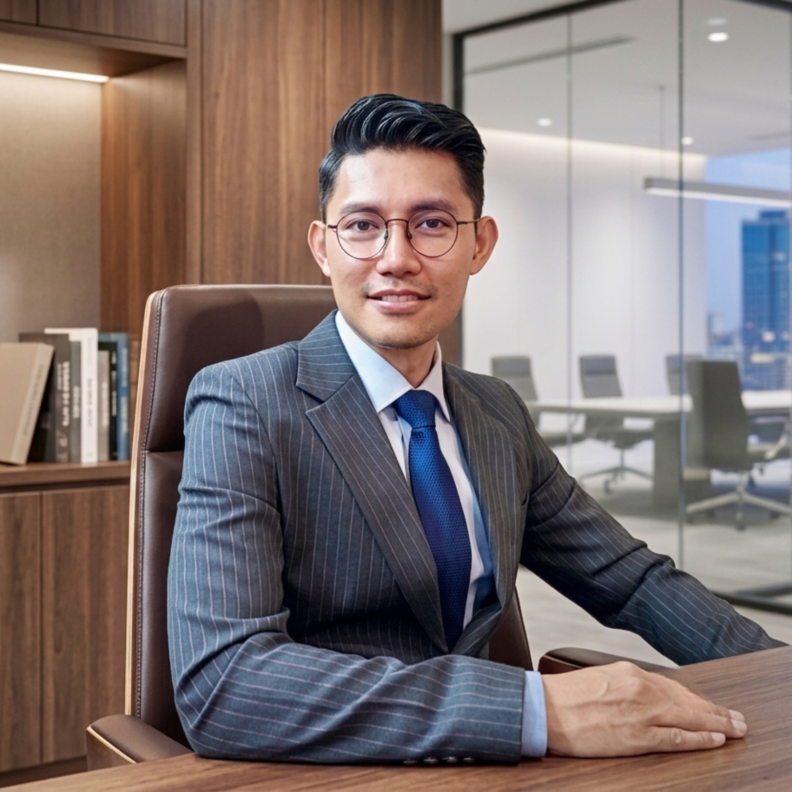 A man in a pinstripe suit with glasses sitting at a conference room table in an office setting.