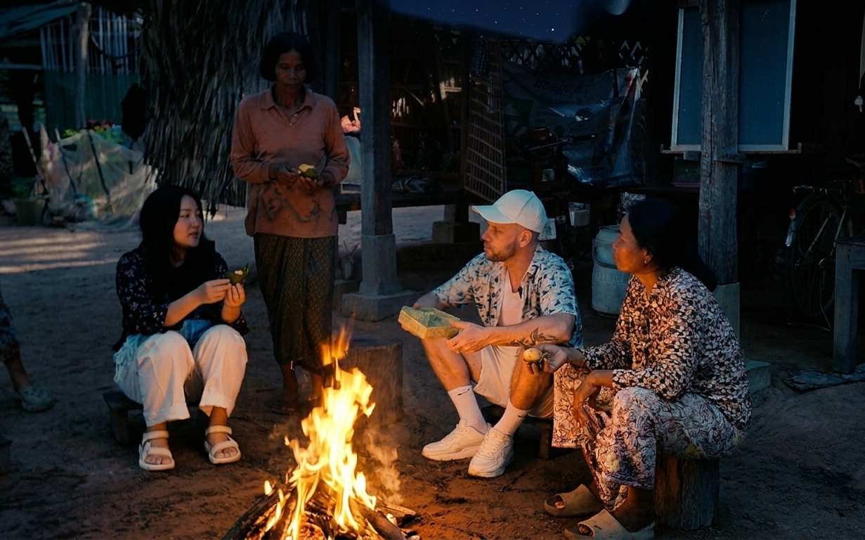 Four people sit around a campfire at dusk, two women and one man sitting on small wooden stools, and one woman standing. They are outdoors near a rustic wooden structure, with trees and a bicycle visible in the background. They appear to be sharing a meal or snacks.
