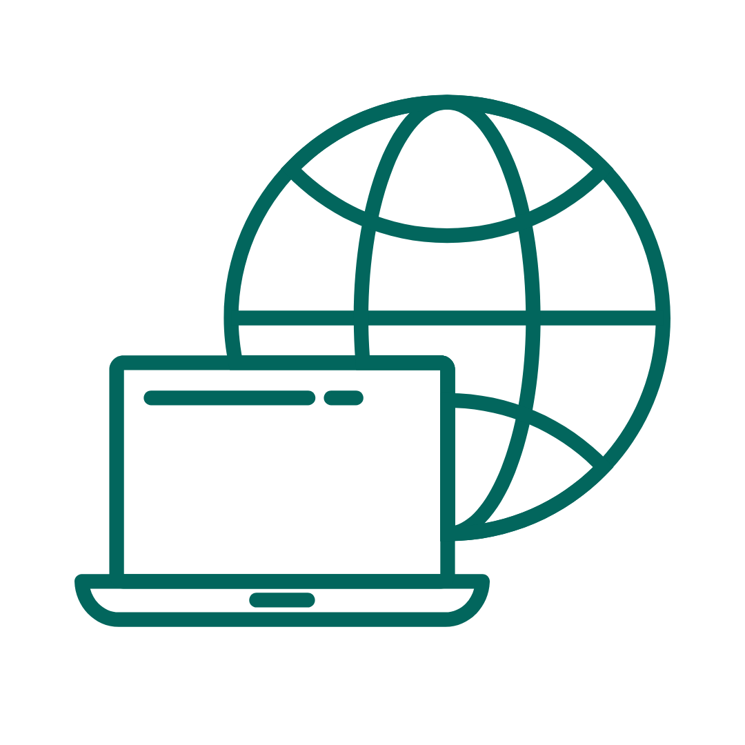 Line drawing of a globe behind a laptop computer, representing internet or global connectivity.