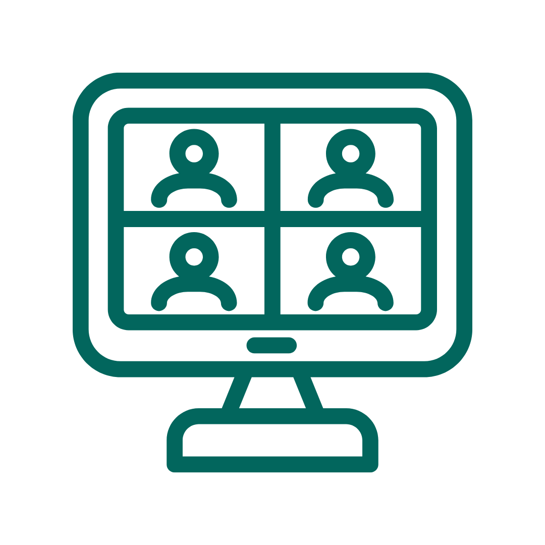 Icon of a computer monitor displaying a video conference with four participants.