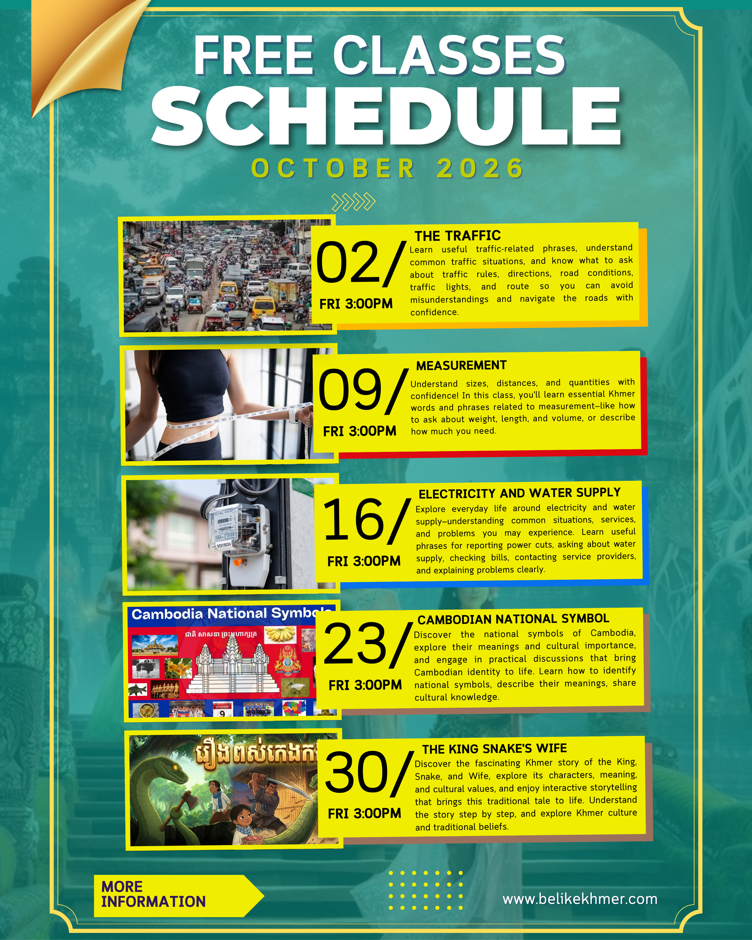 A colorful schedule poster for free classes in October 2026, featuring topics such as traffic, measurement, Cambodian symbols, and Khmer story characters, with images related to each topic and details about class dates and times.