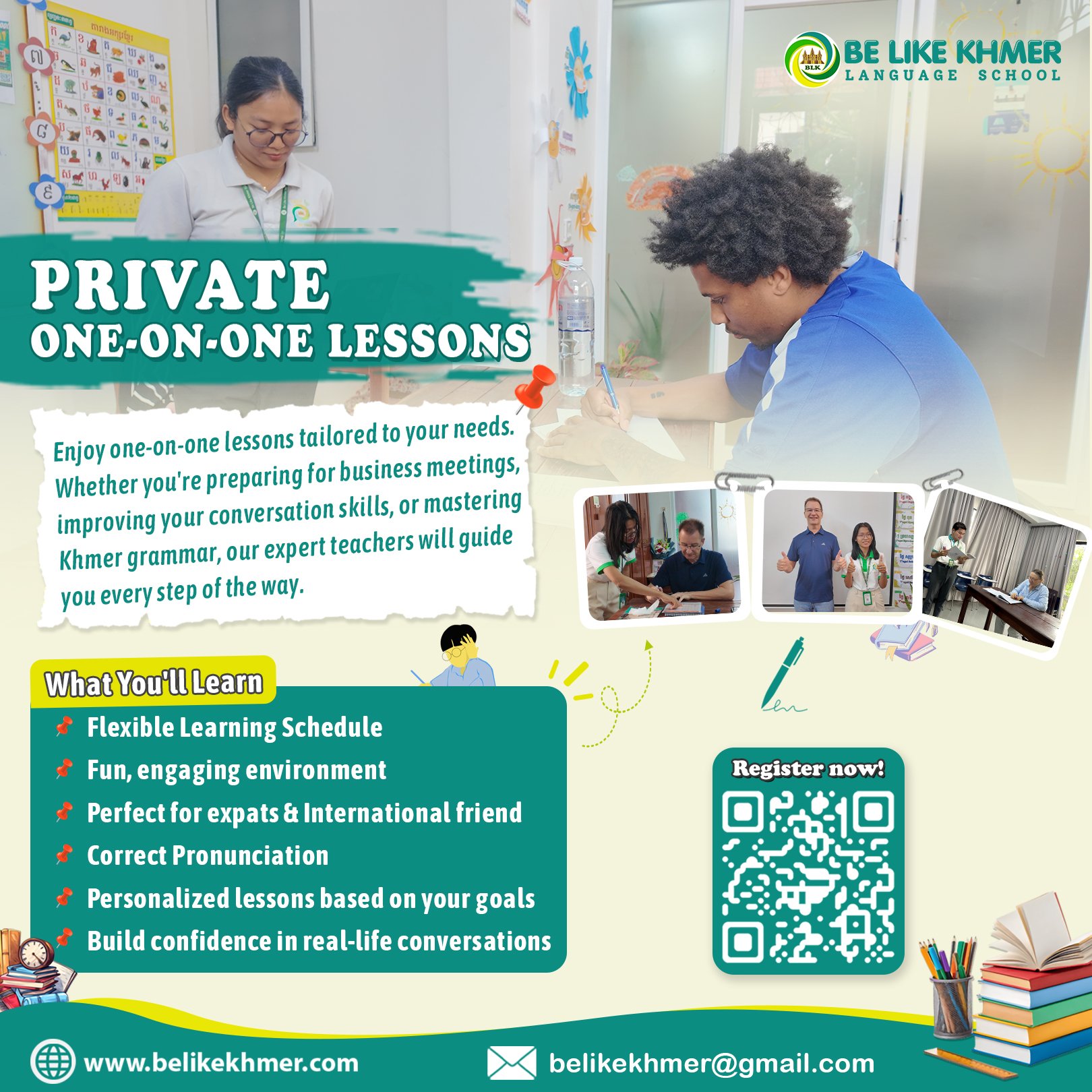 A promotional poster for Khmer language private lessons, showing images of teachers and students in learning environments, with a QR code for registration, and details about lesson features and benefits.