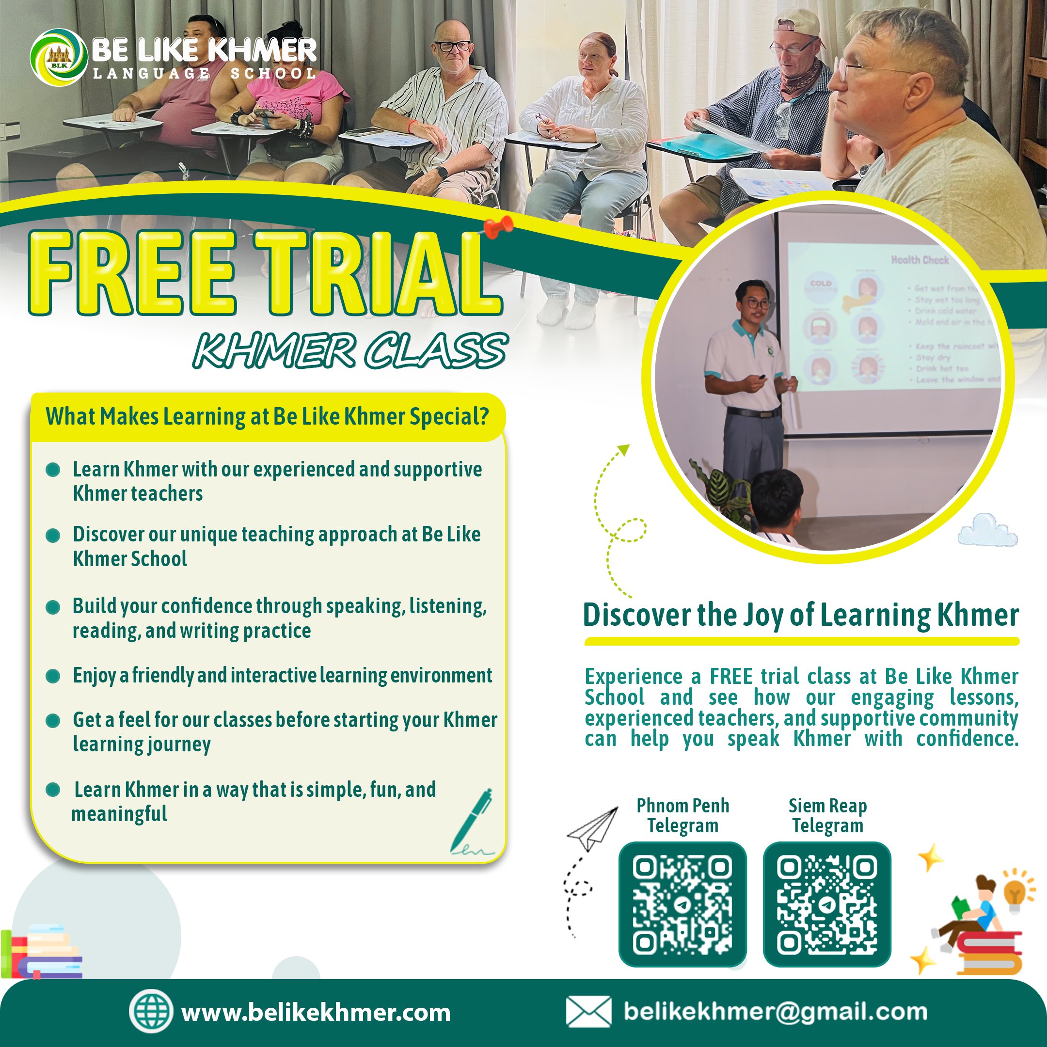 A promotional flyer for Be Like Khmer Language School featuring a group of adults sitting and listening in a classroom, with a woman active on her phone, and a presenter in front displaying a health check slide. The flyer highlights a free trial class and describes the school's focus on learning Khmer through experienced teachers and a friendly environment.