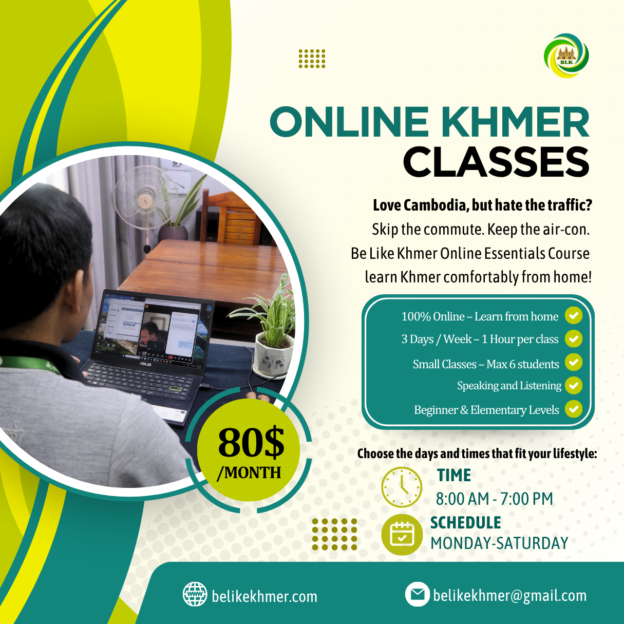 Advertisement for online Khmer language classes with a photo of a person on a video call on a laptop, promoting affordable virtual learning in Cambodia.