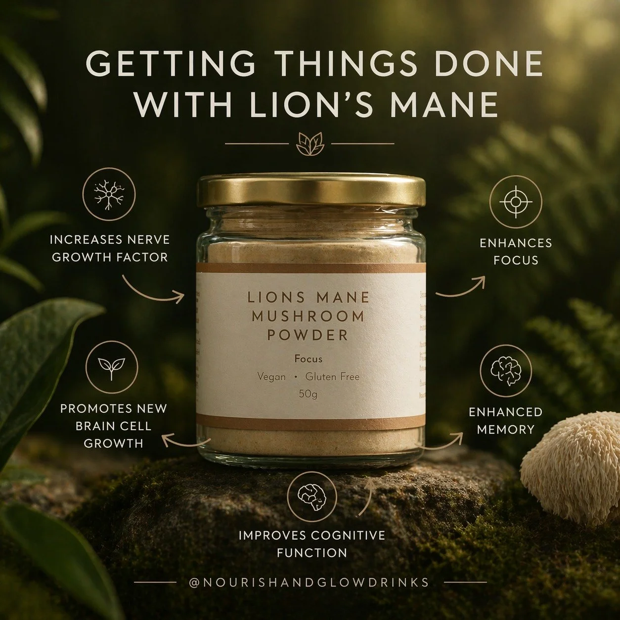 Clarity. Focus. Flow. 🌿

Lion&rsquo;s Mane is your natural ally for sharper thinking and sustained energy &mdash; without the crash.

✨ Supports cognitive function
✨ Enhances focus &amp; memory
✨ Encourages brain cell growth

Ground your mind. Eleva