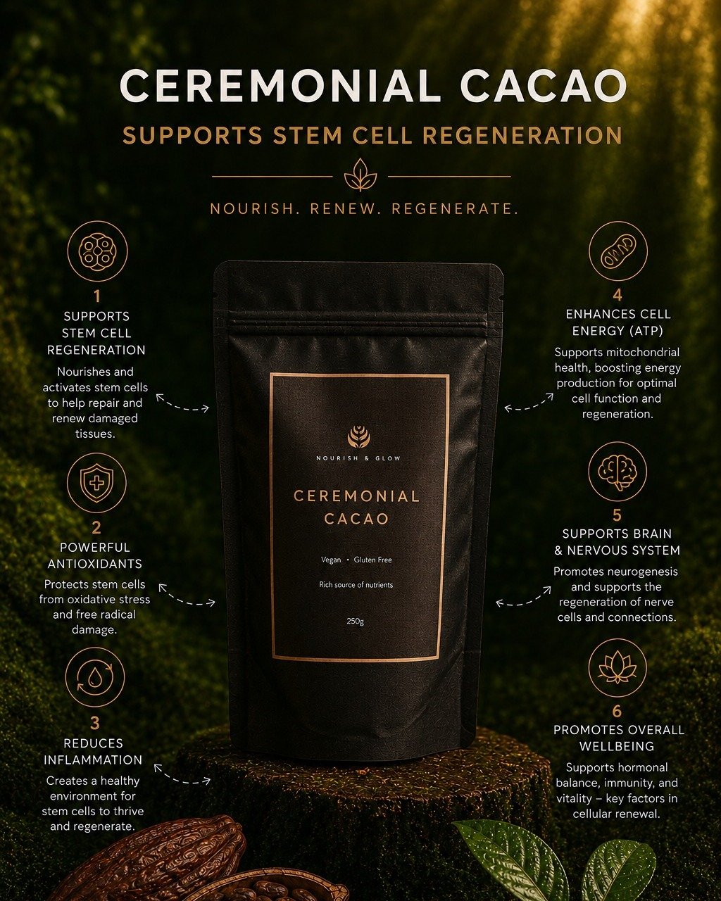 What if your daily Cacao ritual could support your body on a cellular level? 

Our Ceremonial Cacao is packed with powerful plant compounds that may help support stem cell regeneration, protect against oxidative stress and encourage your body&rsquo;s