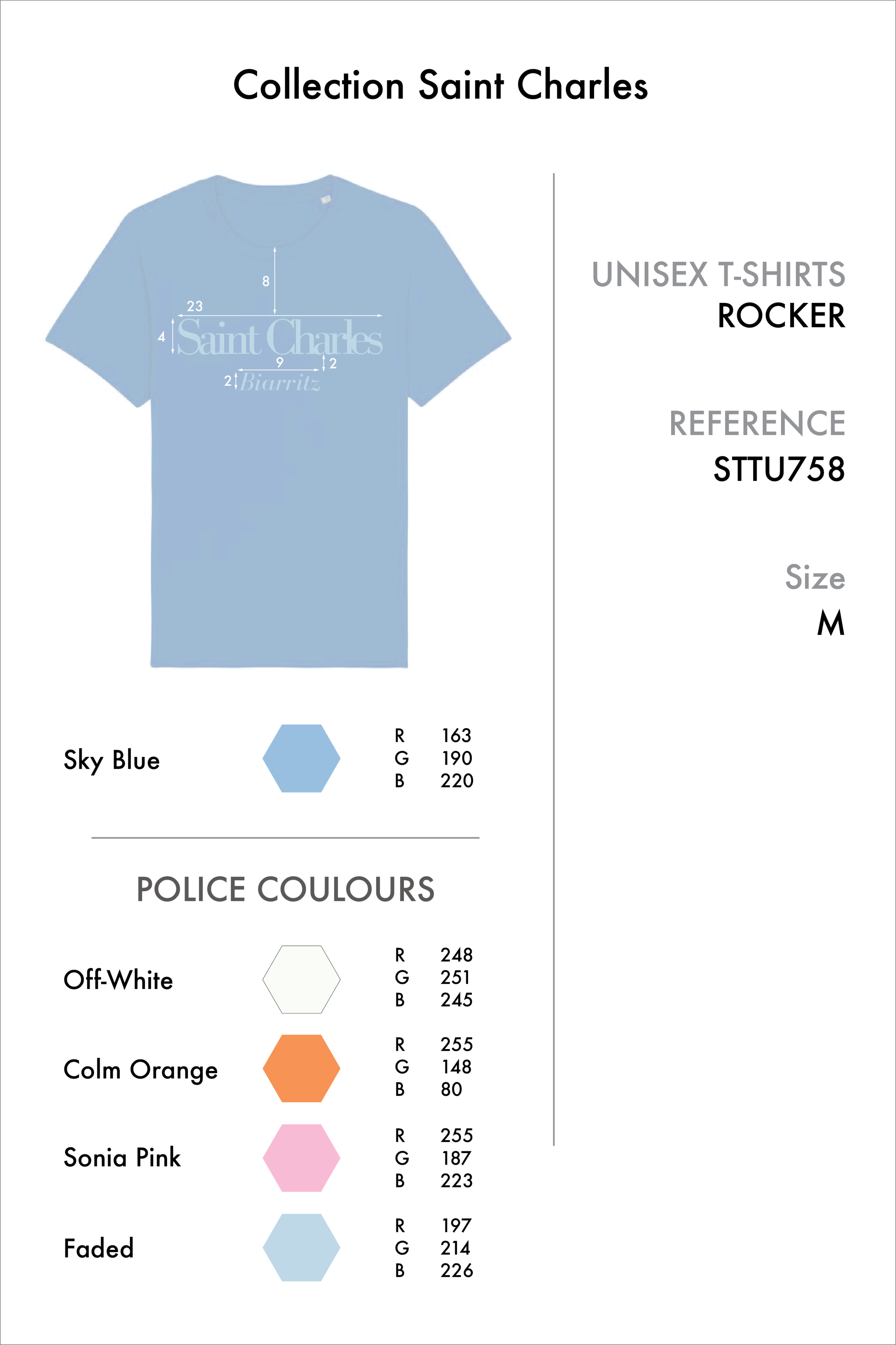 A design specification sheet for a unisex T-shirt from Collection Saint Charles, featuring a Sky Blue color with its RGB values. The sheet also lists police colors with their RGB values: Off-White, Colm Orange, Sonia Pink, and Faded, along with a hex