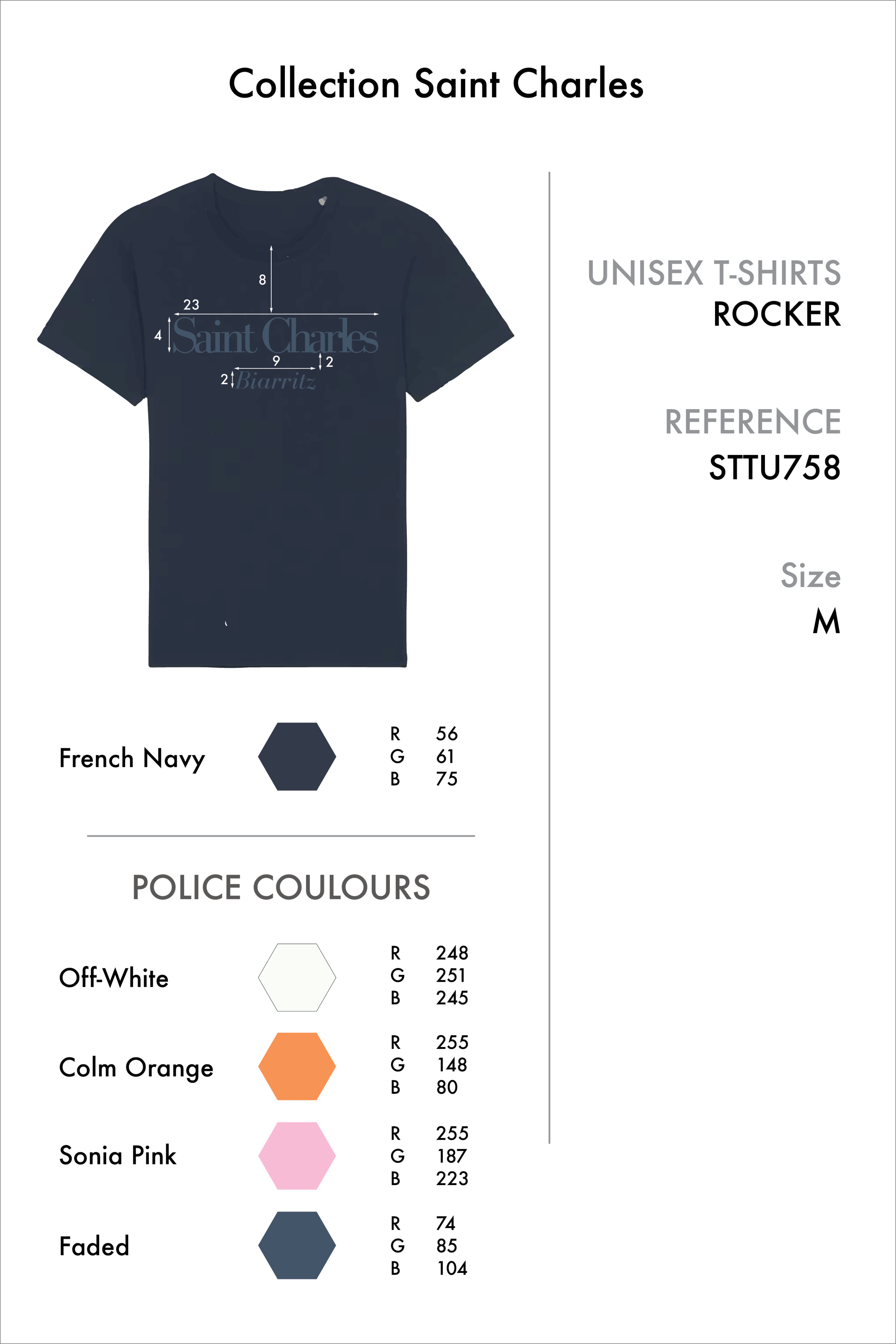 Design for a navy unisex T-shirt from the Collection Saint Charles, size medium, called ROCKER, with reference STTU758. The shirt's color is French Navy, with RGB values R 56, G 61, B 75. The image includes swatches of other police colors: Off-White,