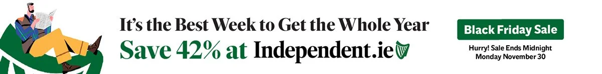 Banner advertisement promoting Black Friday sale with 42% discount at Independent.ie, featuring an illustrated man reading a newspaper and text highlighting the sale ending midnight on November 30.