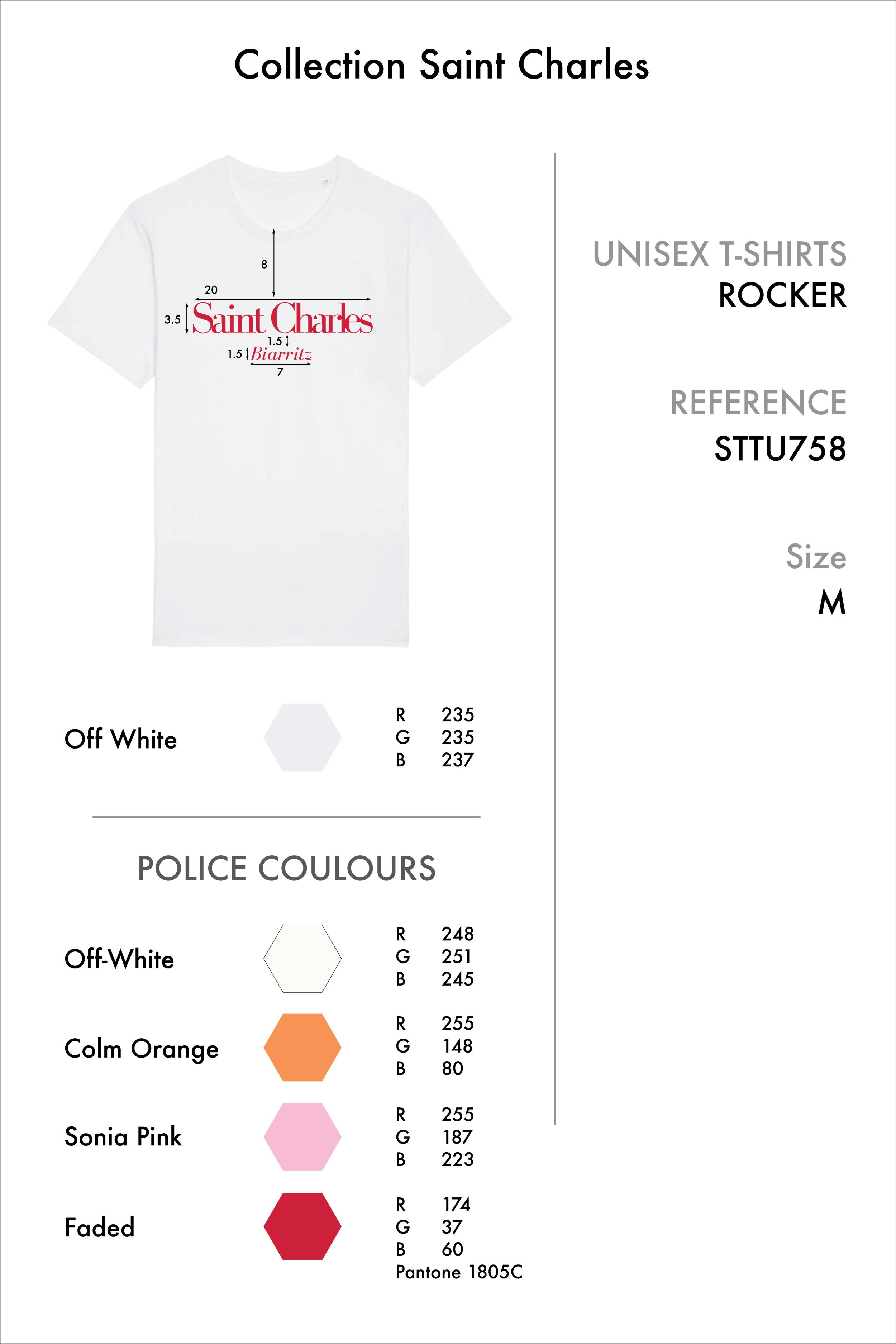 First, I had to design the technical file for each colour t-shirt, with measurements, typeface, RGB values, reference (for furnisher) and size.