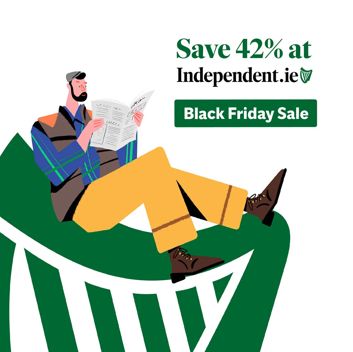 Illustration of a man reading a newspaper while sitting on a green trash can, promoting a Black Friday sale with 42% off at Independent.ie.