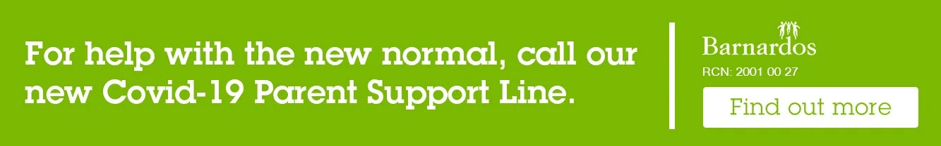 Green banner with white text promoting the new COVID-19 Parent Support Line by Barnardos, and a 'Find out more' button.