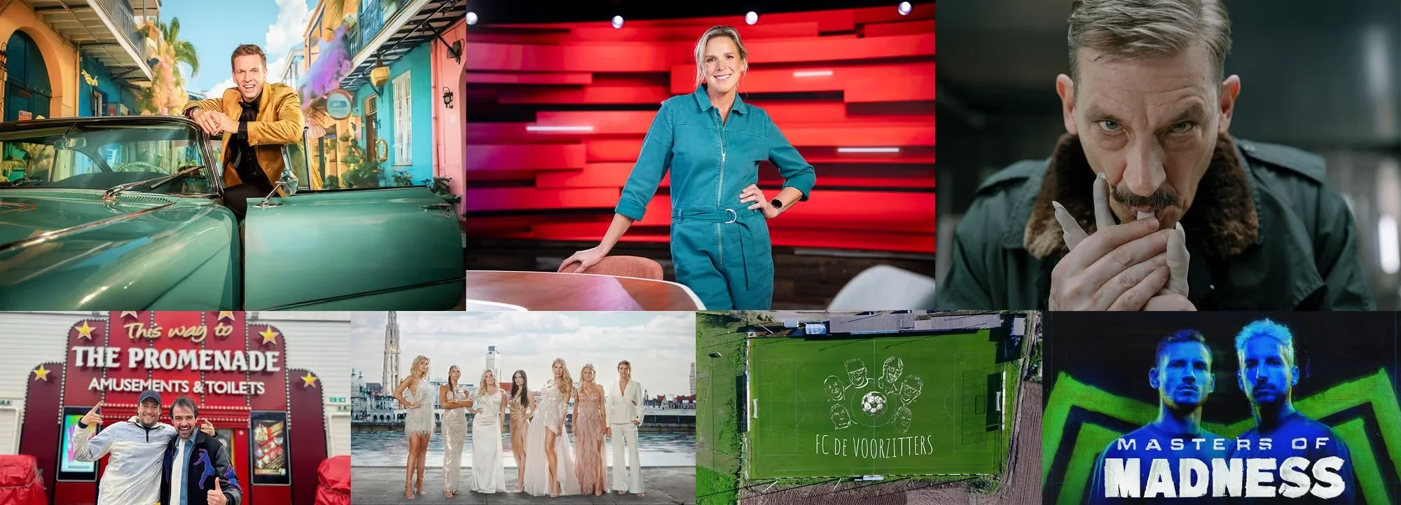Collage of Play Media entertainment content, featuring TV presenters, scripted drama stills, reality shows, sports programming and branded visual artwork.