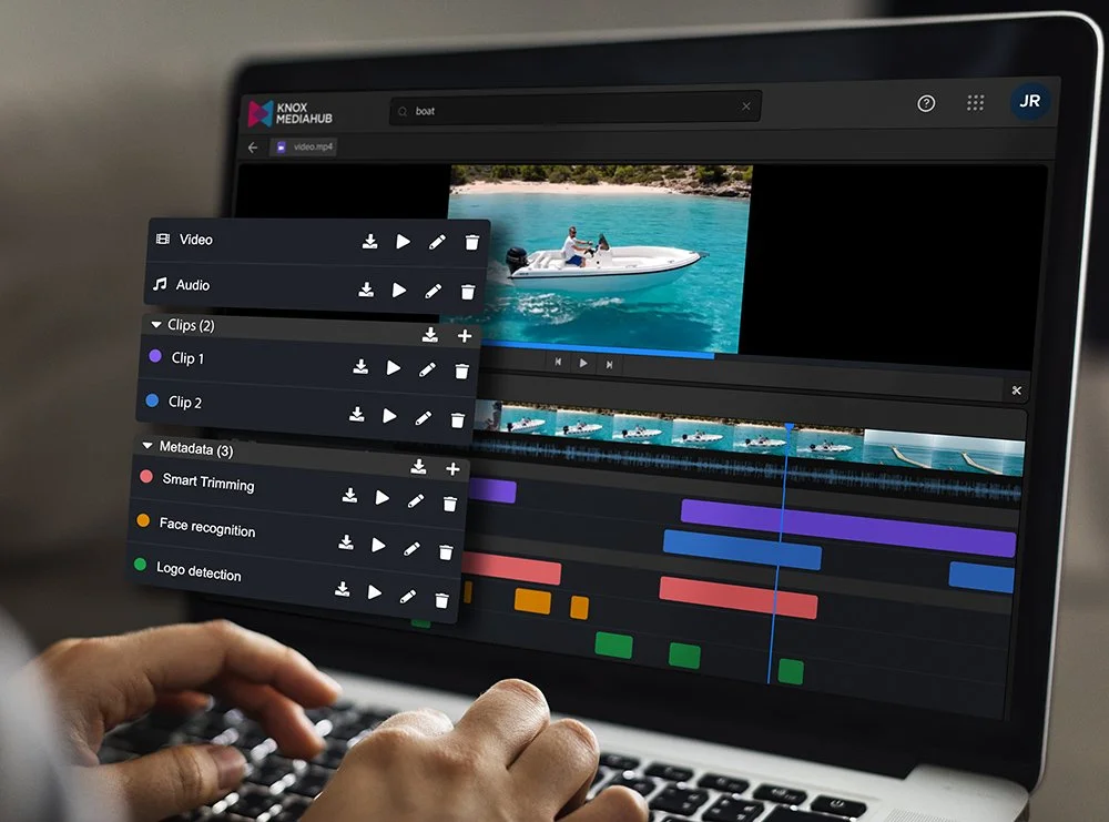 Knox Video Lab interface showing frame-accurate scrubbing, annotations, and time-coded metadata visualization for cloud-native MAM.