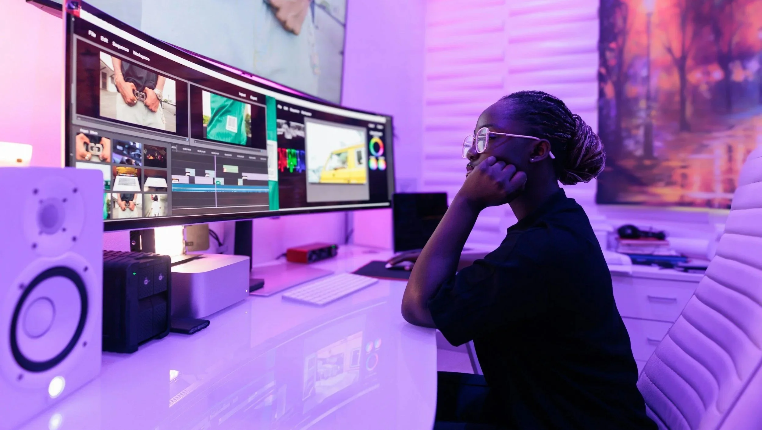 A video editor in front of the screen doing color-grade