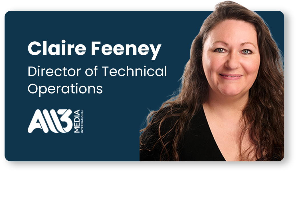 Speaker card featuring Claire Feeney, Director of Technical Operations at All3Media International, alongside her portrait and the All3Media International logo.