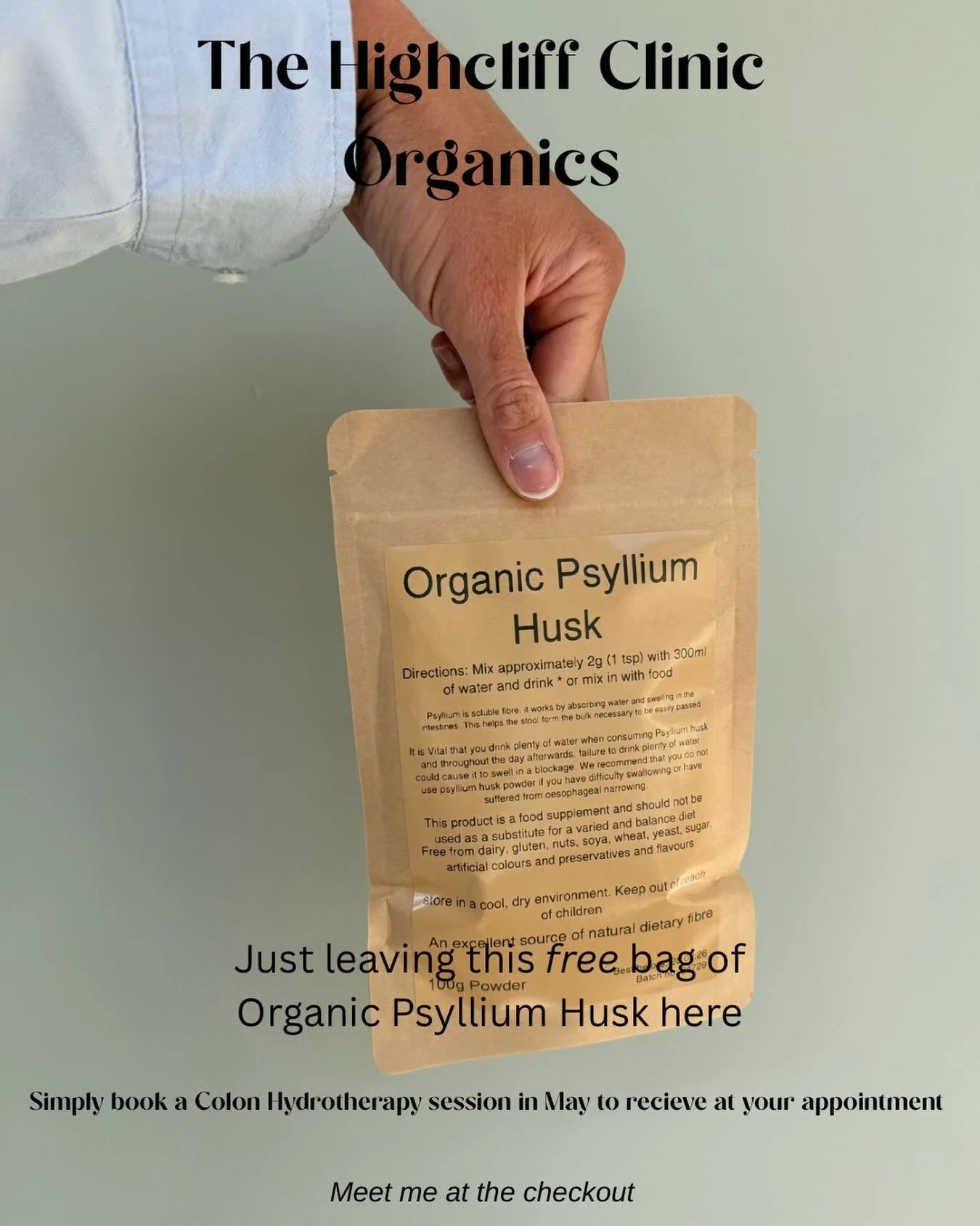 🌾We&rsquo;ll just leave this here&hellip;
A bag of Organic Psyllium Husk. Free.
No pressure.
But also&hellip; why would you not?

💻Visit TheHighcliffclinic.book.app &amp; book a colonic treatment in May, ( doesn&rsquo;t have to be in a May ) and cl