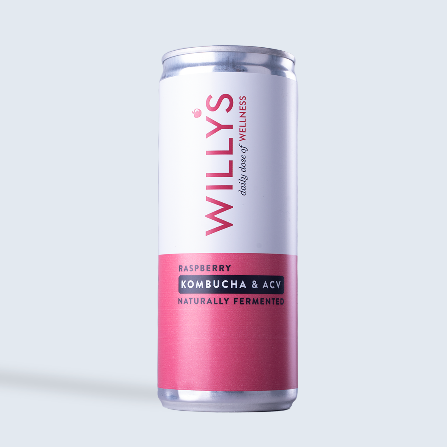 A can of WILLY'S daily dose of wellness raspberry flavored kombucha with ACV, naturally fermented.
