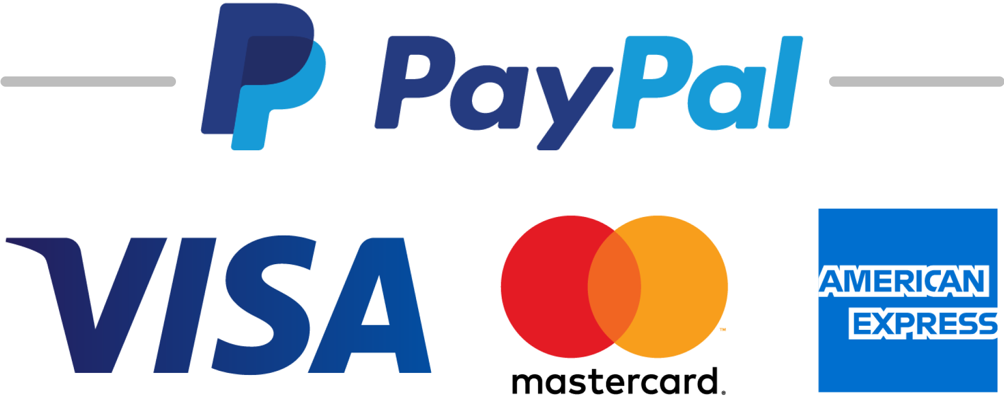 Logos for Paypal, Visa, Matercard, and American Express