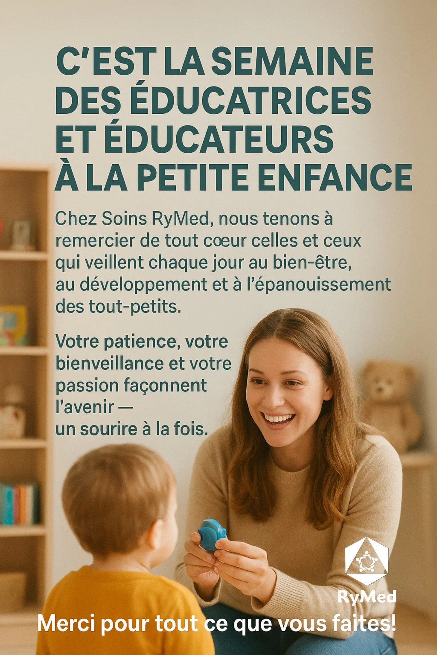 🎉 C&rsquo;est la Semaine des &eacute;ducatrices et &eacute;ducateurs &agrave; la petite enfance! 💛
Chez Soins RyMed, nous tenons &agrave; remercier de tout c&oelig;ur celles et ceux qui veillent chaque jour au bien-&ecirc;tre, au d&eacute;veloppeme