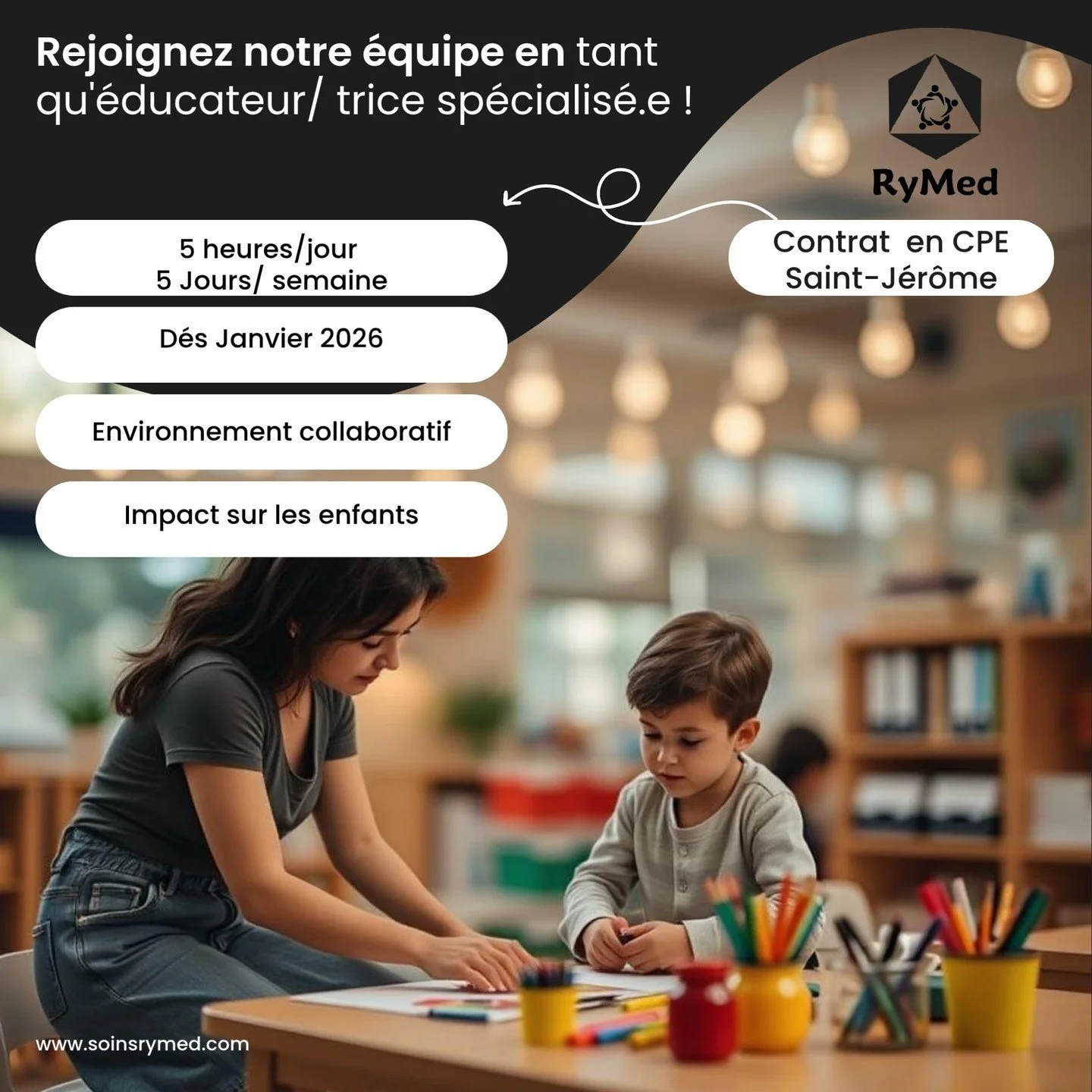 Rejoignez-nous pour faire une diff&eacute;rence chez notre partenaire CPE &agrave; Saint-J&eacute;r&ocirc;me ! 🌟 Nous recherchons un &eacute;ducateur/trice sp&eacute;cialis&eacute;.e pour un contrat en janvier 2026. Ce poste implique de soutenir l'&