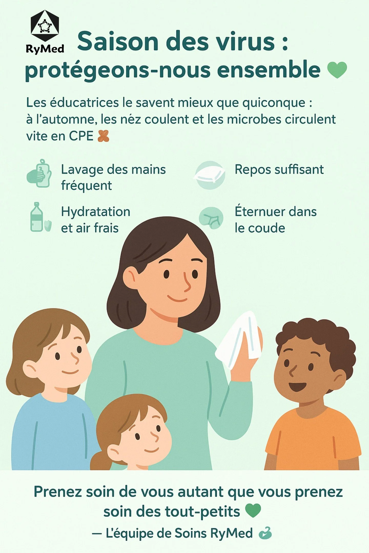 😷 Saison des petits virus : on se prot&egrave;ge ensemble !

Les &eacute;ducatrices le savent mieux que quiconque : &agrave; l&rsquo;automne, les nez coulent et les microbes circulent vite en CPE 🧸

Voici quelques rappels simples mais essentiels po