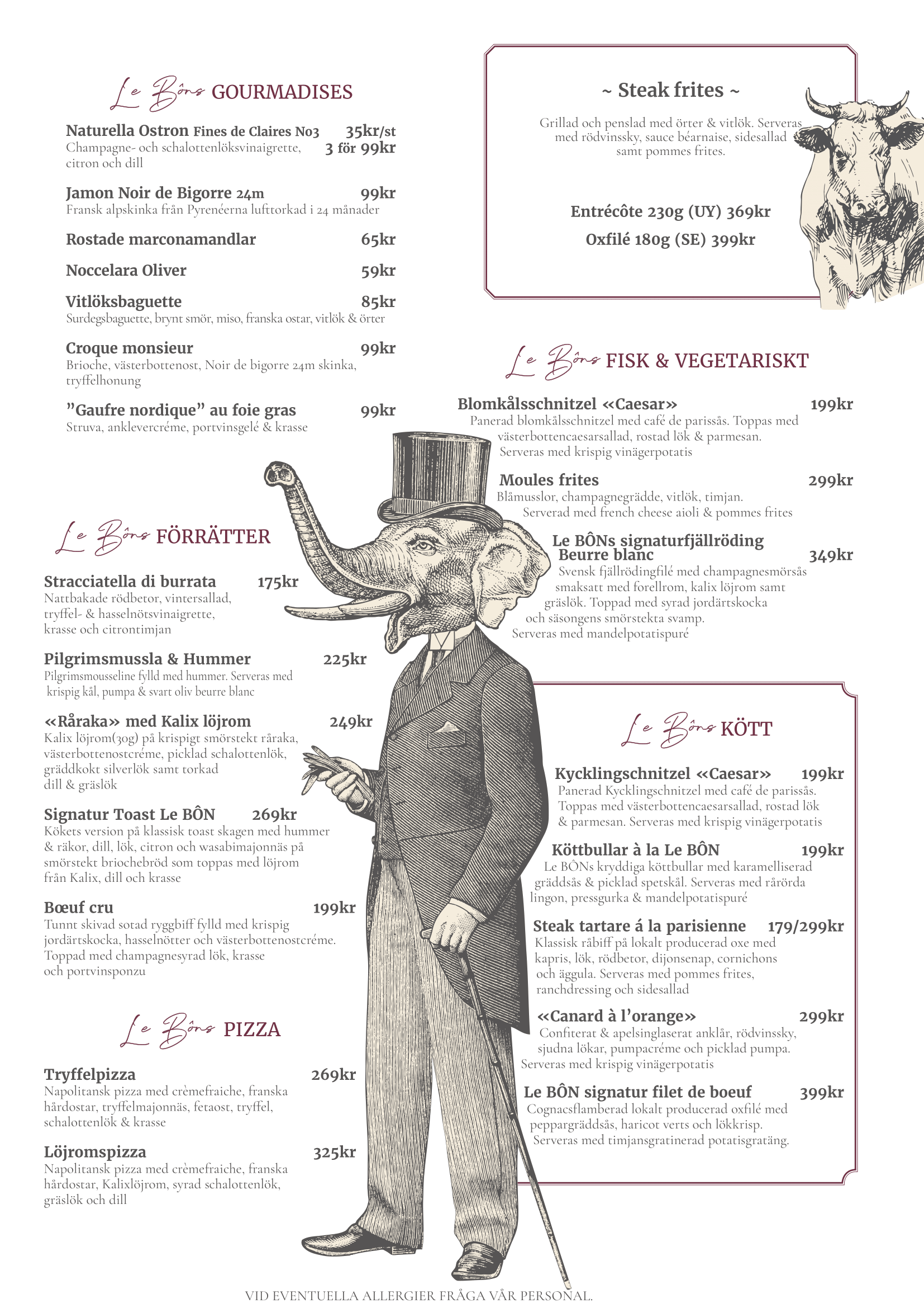 Menyn från en restaurang med sektioner för GOURMADISES, FISK & VEGETARISKT, FÖRRÄTTTER, KÖTT, PIZZA och drycker, med bilder av en anka i kostym och en ko