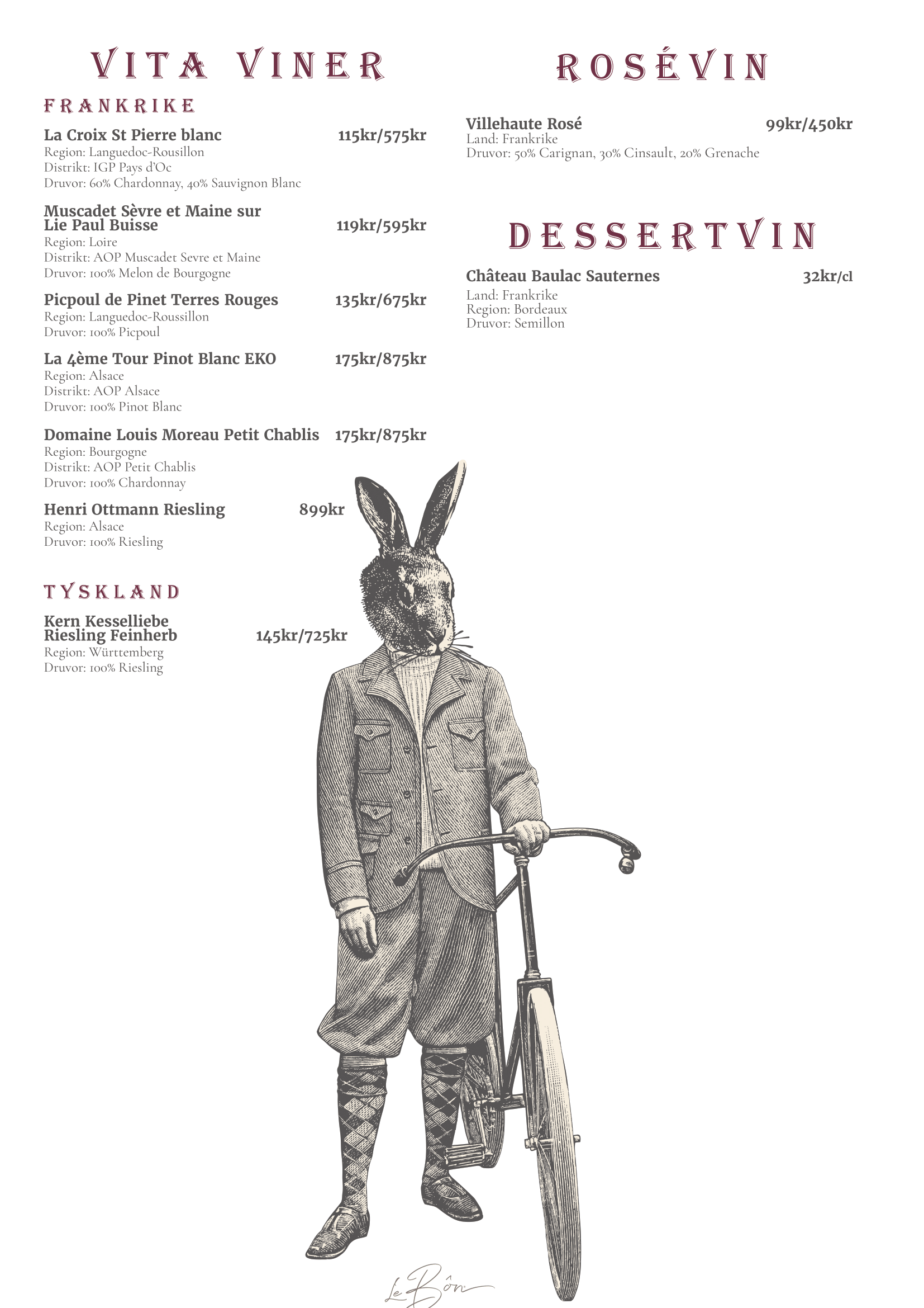 En illustration av en man med kaninhuvud, klädd i vintage kläder, stående med en cykel.