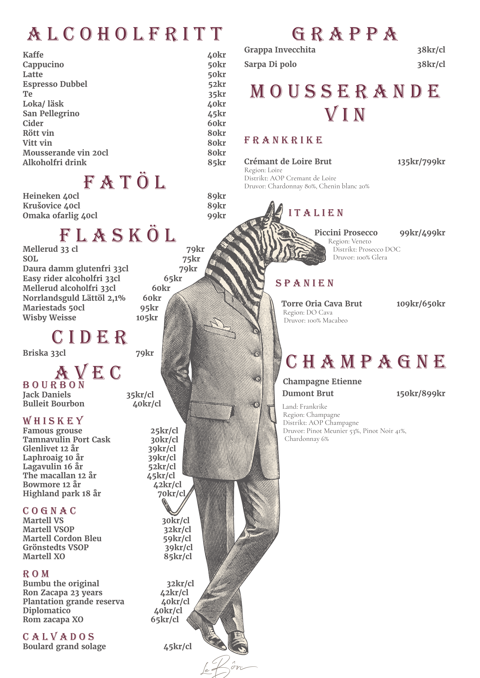 Bild på en meny i stiliserad form som erbjuder alkoholfria drycker, vin, öl, cider, whiskey, cognac, rom och calvados, samt olika typer av champagne, med priser i kronor.