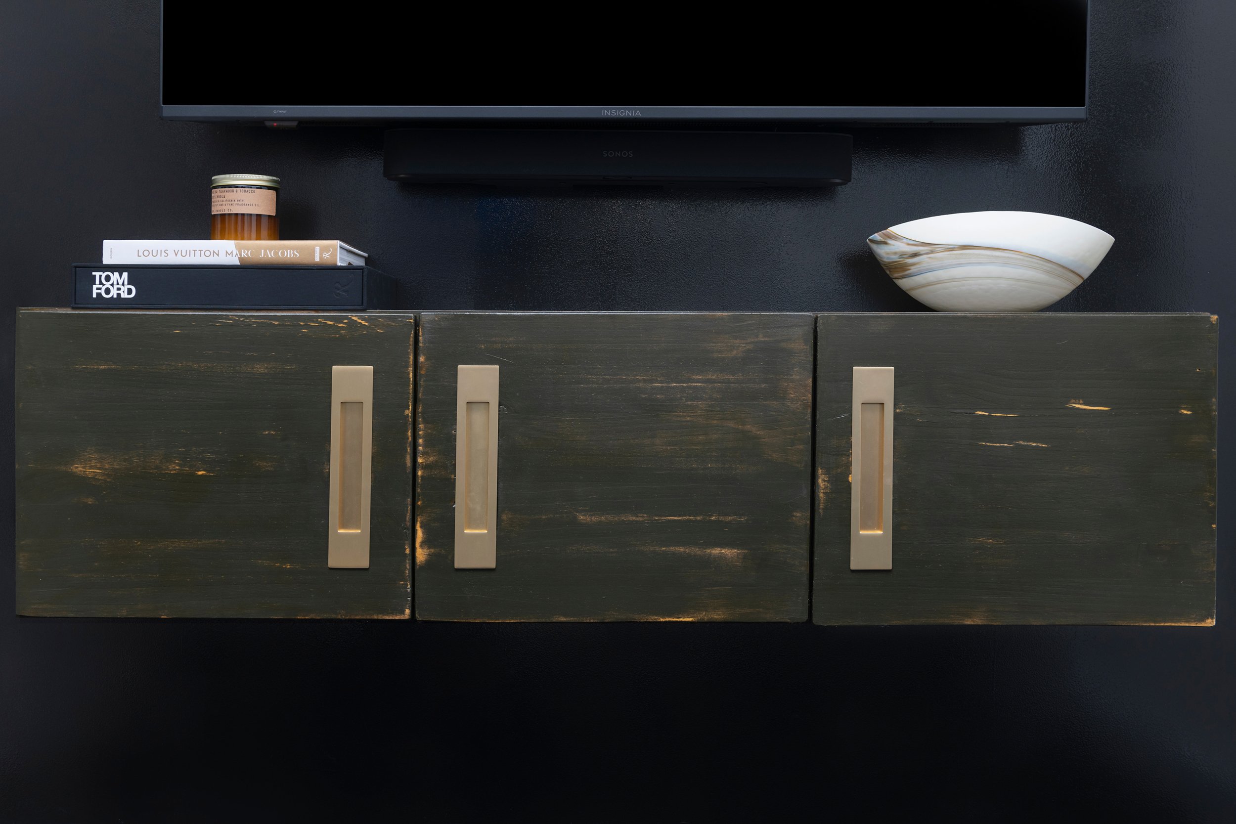 WEATHERED GROVE#DISTRESSED FLOATING WOOD CONSOLE#WITH BRASS HARDWARE