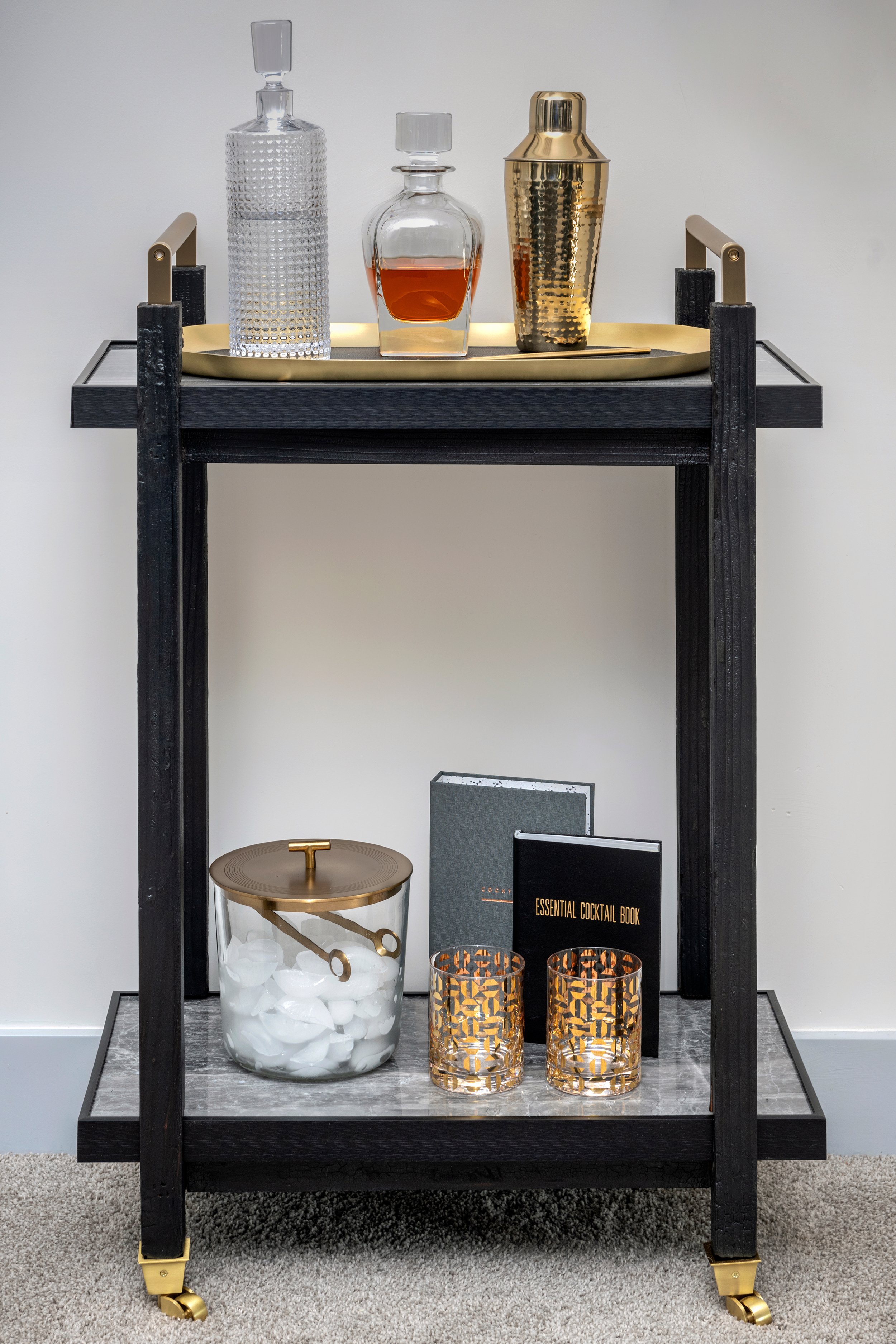 SMOKE SERVICE#MOODY BAR CART IN BURNED WOOD, MARBLE, AND BRASS
