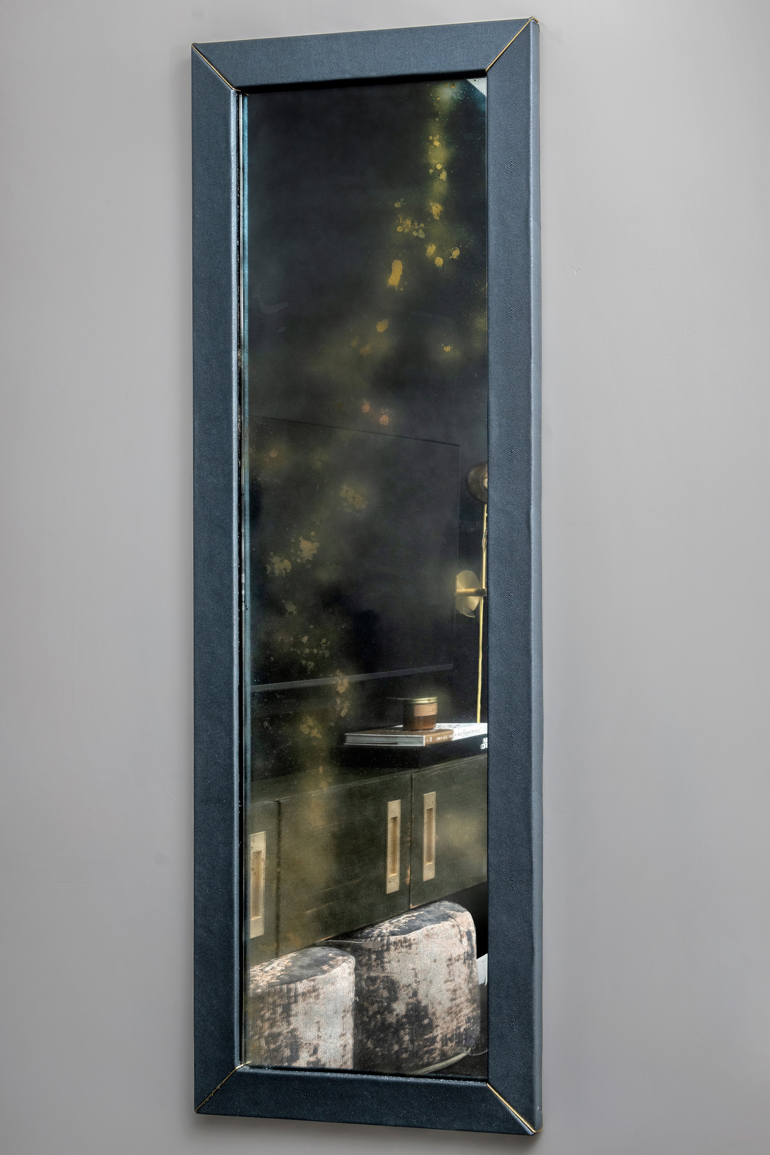 MIDNIGHT REFLECTION#STRIKING WALL MIRROR IN NAVY SHAGREEN,#ANTIQUED GLASS, AND BRASS