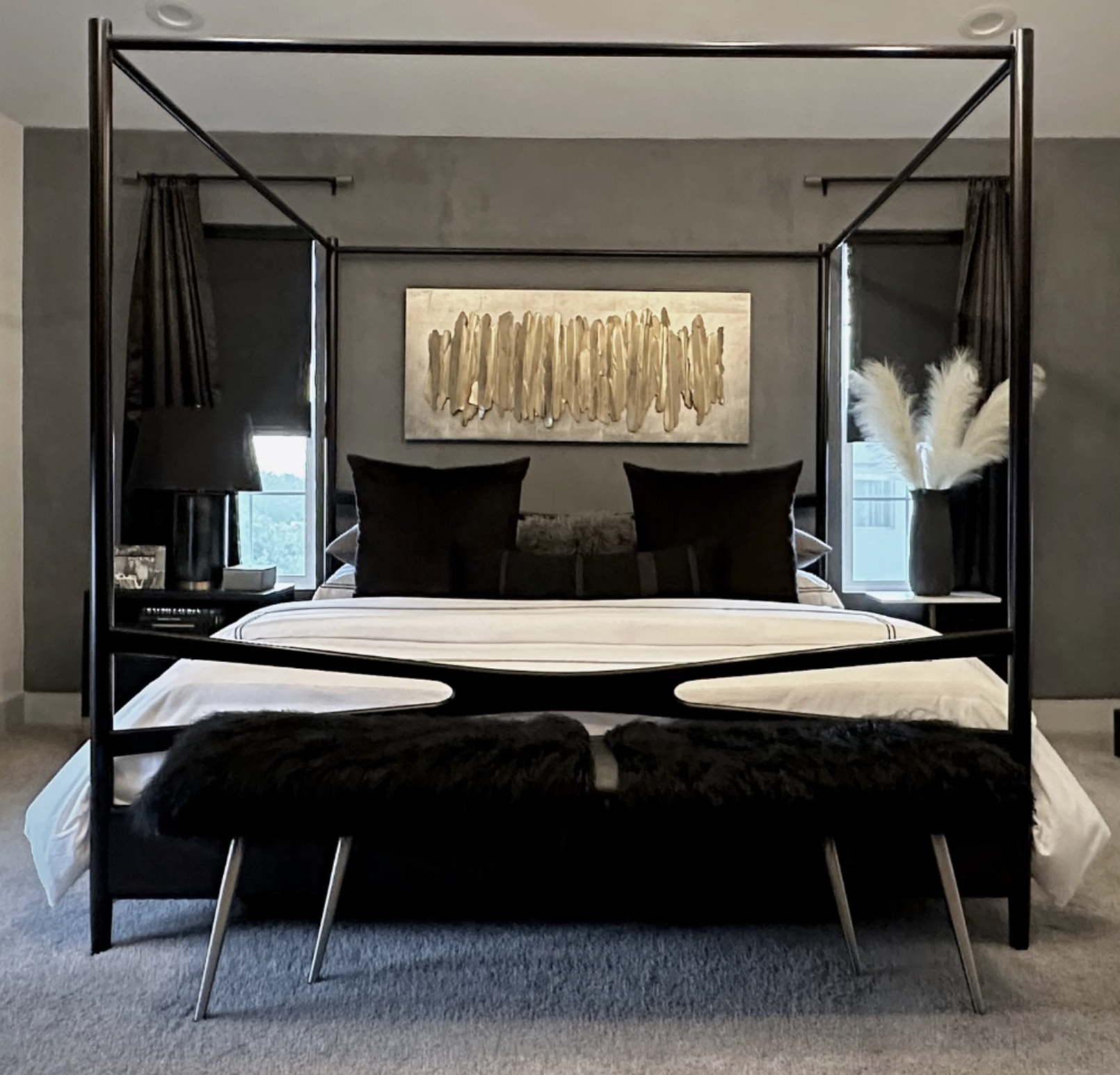 WILD STRUCTURE#DIMENSIONAL BENCH IN BLACK MONGOLIAN FUR, CONCRETE, AND BRASS