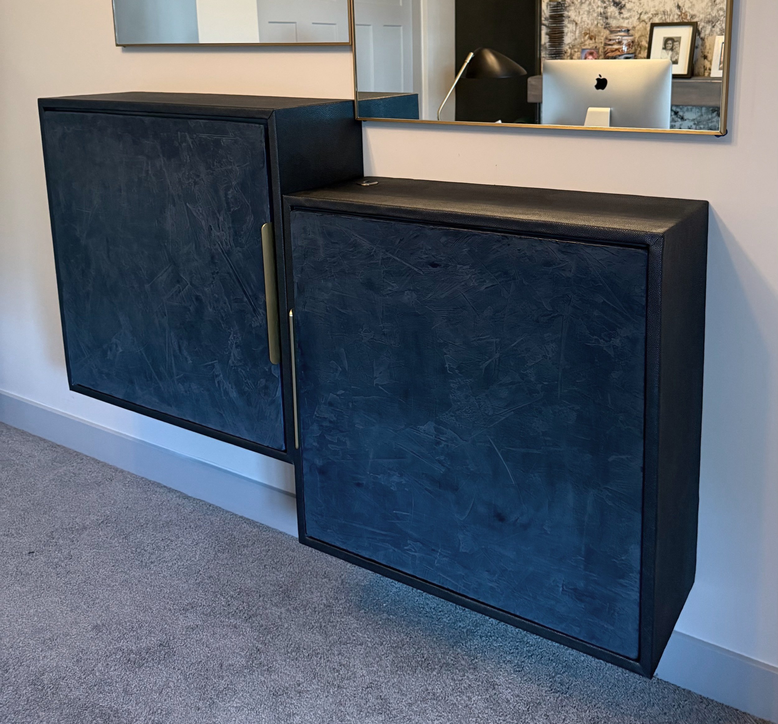 ON THE SURFACE#TEXTURAL FLOATING MODULAR CABINET#IN NAVY SHAGREEN AND BURNISHED PLASTER