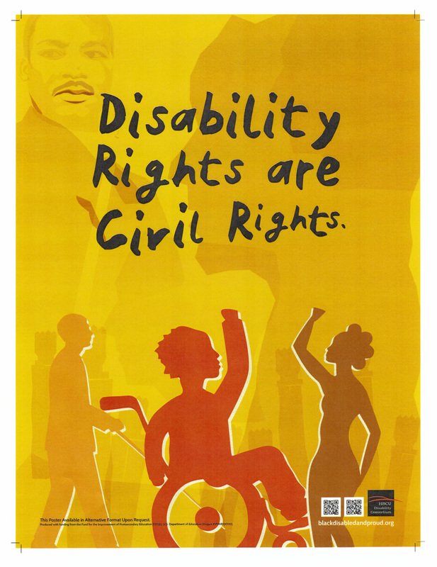 Black text "Disability Righs are Civil Rights" w background in gold of MLK's face and silhouette of a head in profile.  At bottom are silhouettes of a figure with a white cane, a person in a wheelchair w raised fist & another figure w fist raised