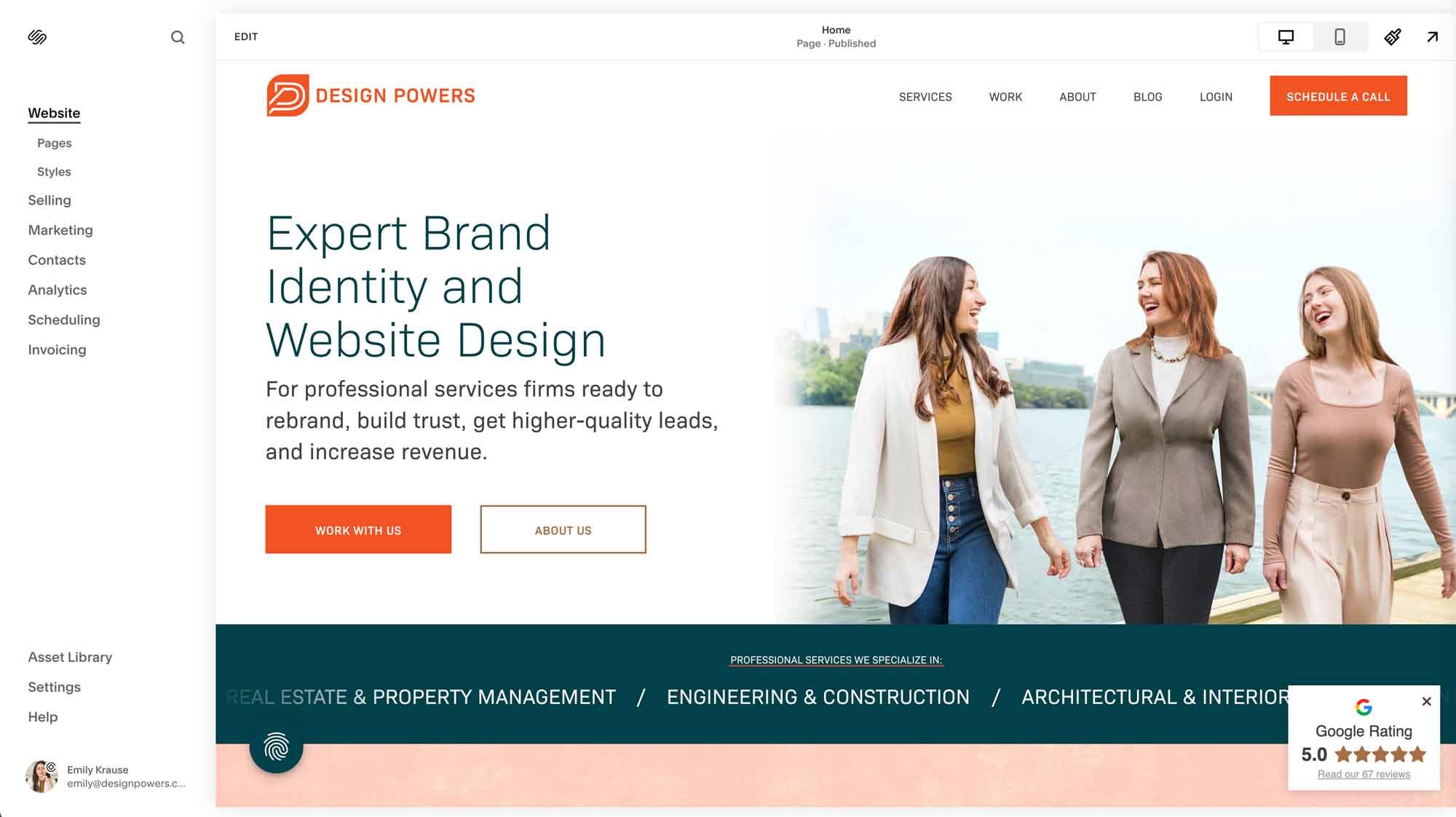 Back end of Squarespace dashboard