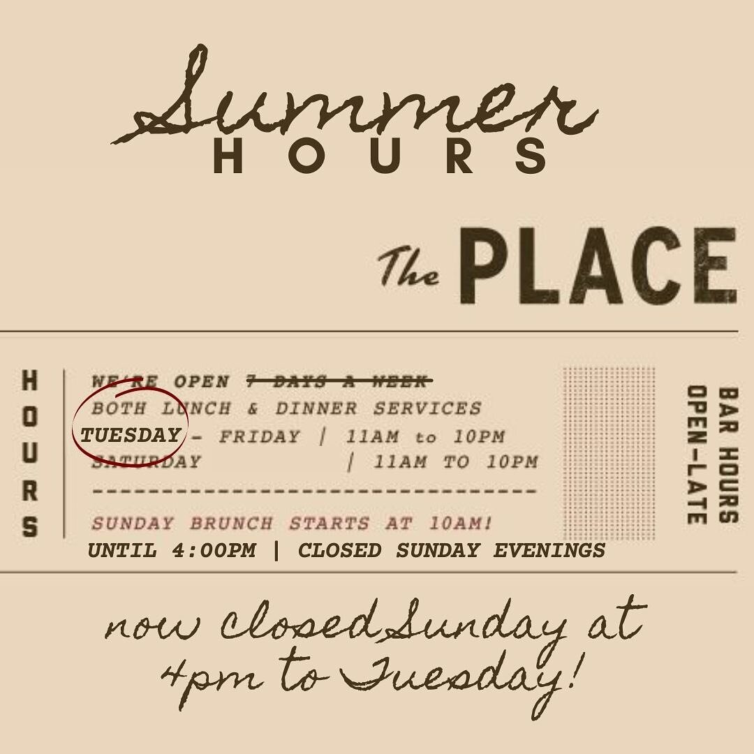 &bull;SUMMER HOURS&bull;
We will now be CLOSED on Sundays at 4:00PM and all day on Mondays!
Regular hours Tuesday to Saturday.
#ThePlaceAthens
#AthensGA