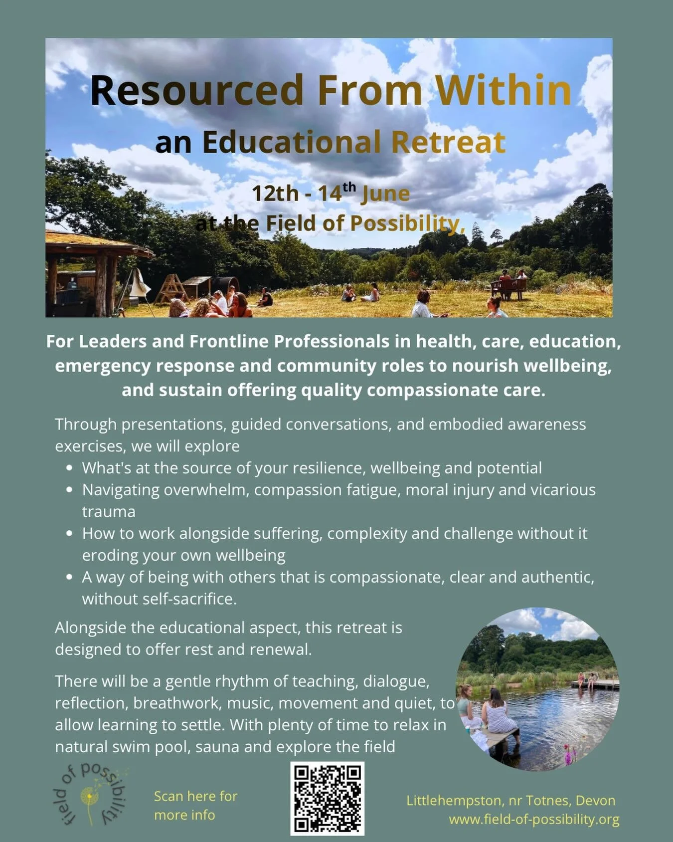 Really excited to be offering the training I've delivered around the country to NHS staff, emergency responders and other frontline professionals at home in the restorative field of possibility. 

The emphasis of this educational retreat is to nouris